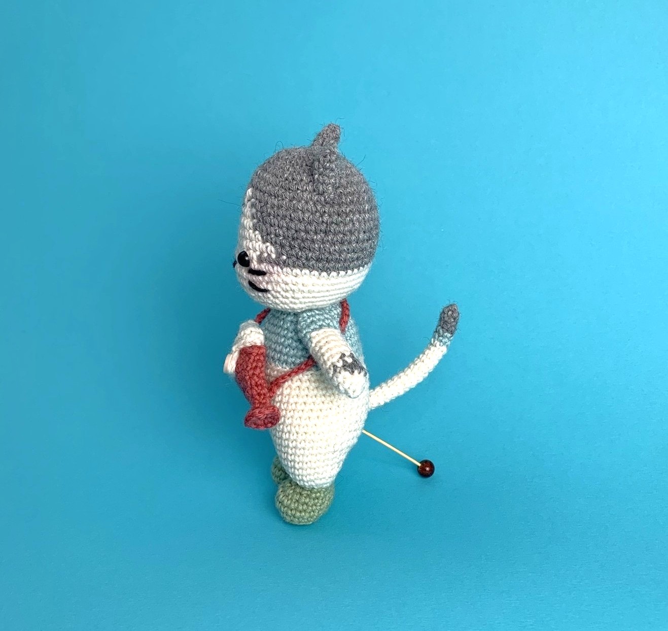 Handmade Crochet Cat Doll and its fish sling bag in 100% Merino Wool