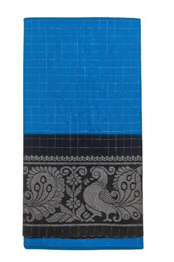 Elegant Blue Checked Saree with Black Zari Border