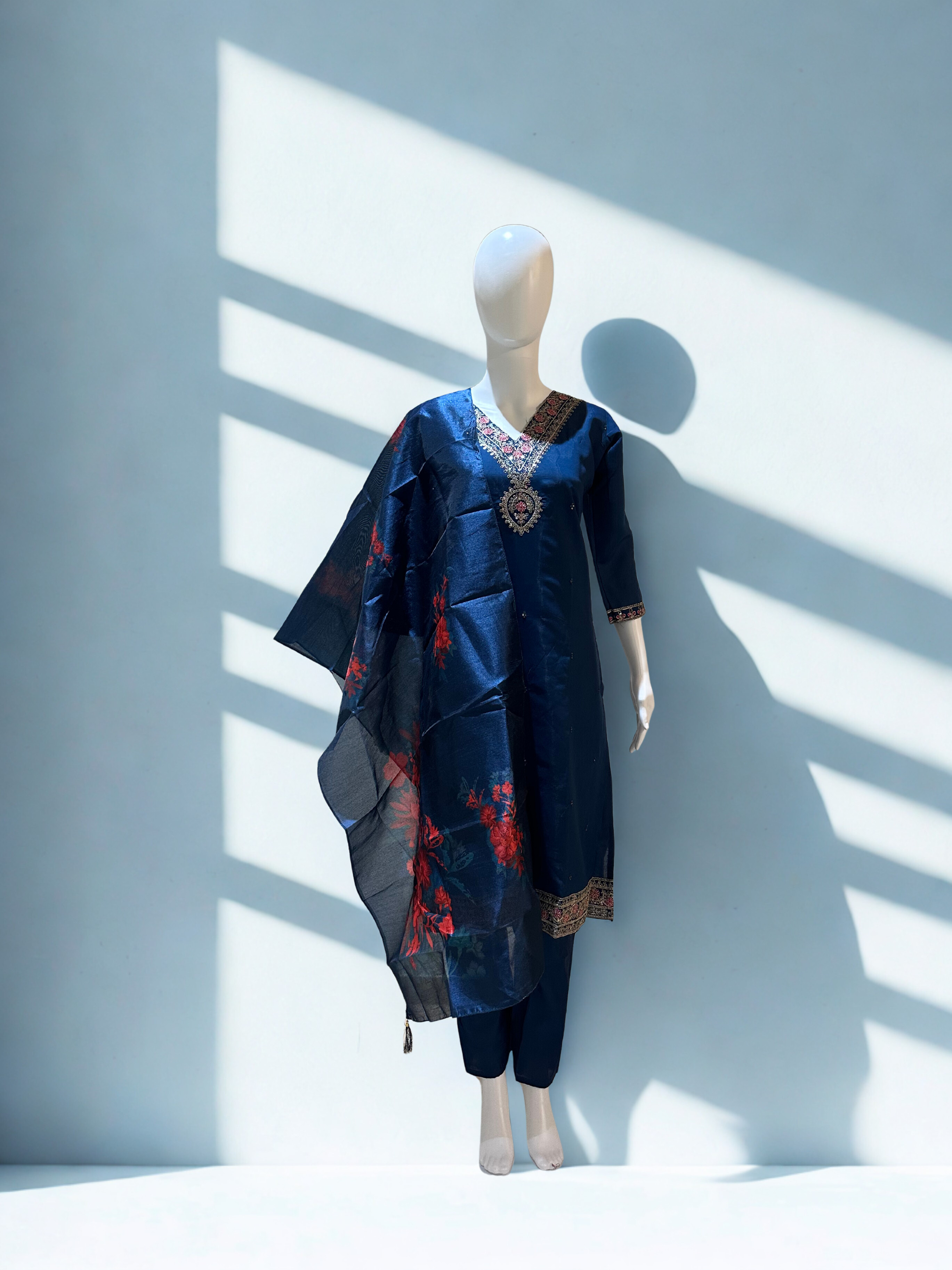 Elegant Dark Teal Blue Embroidered sequinned straight kurtha with trouser & Dupatta