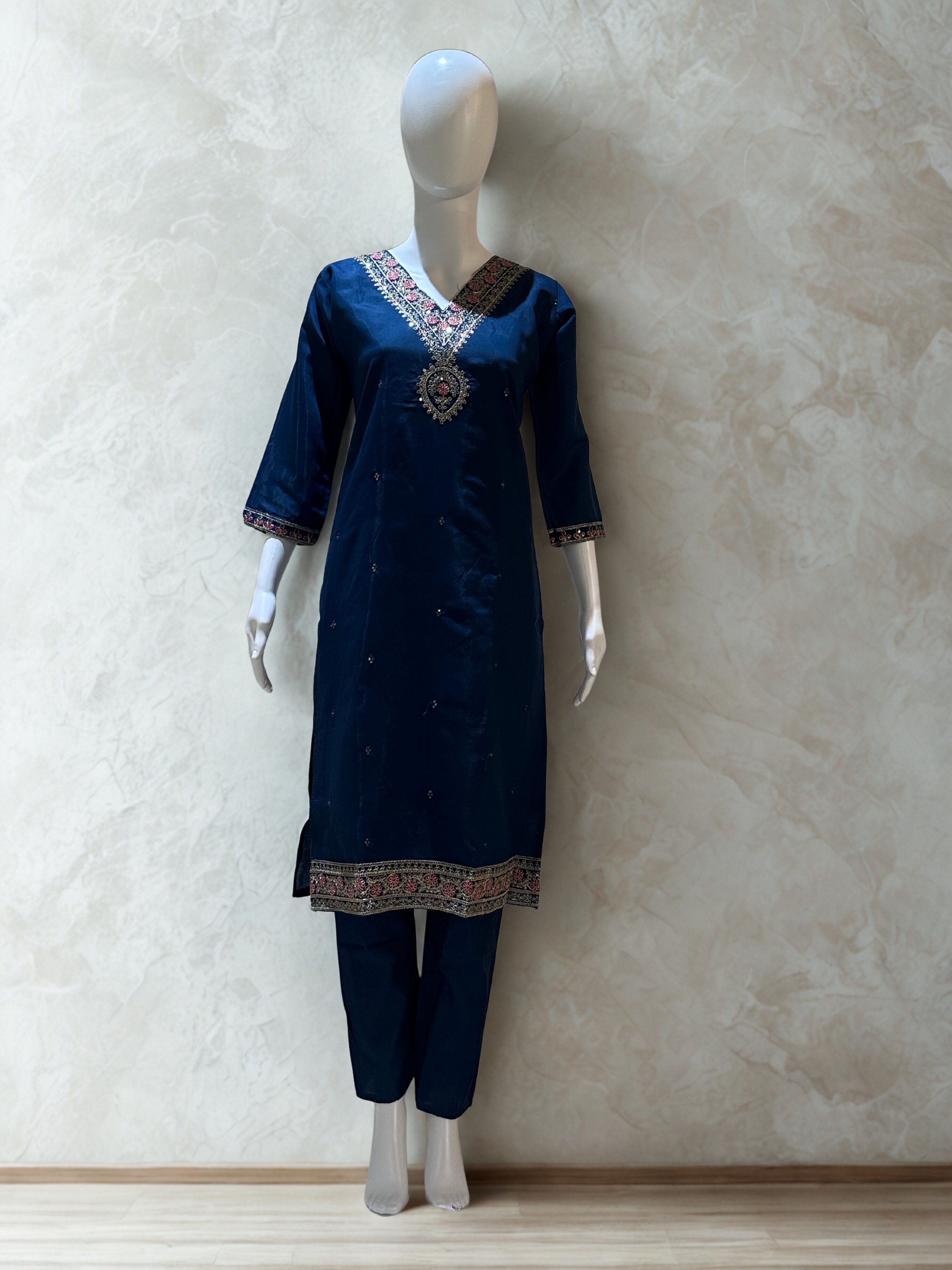 Elegant Dark Teal Blue Embroidered sequinned straight kurtha with trouser & Dupatta