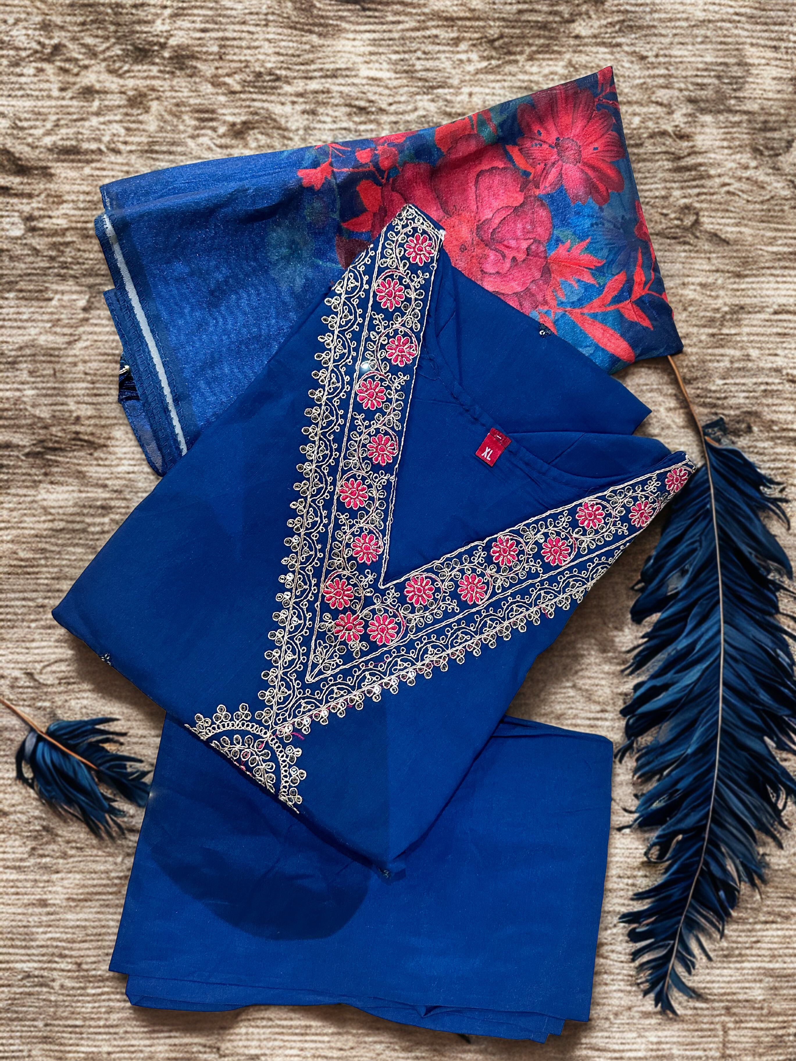 Elegant Dark Teal Blue Embroidered sequinned straight kurtha with trouser & Dupatta