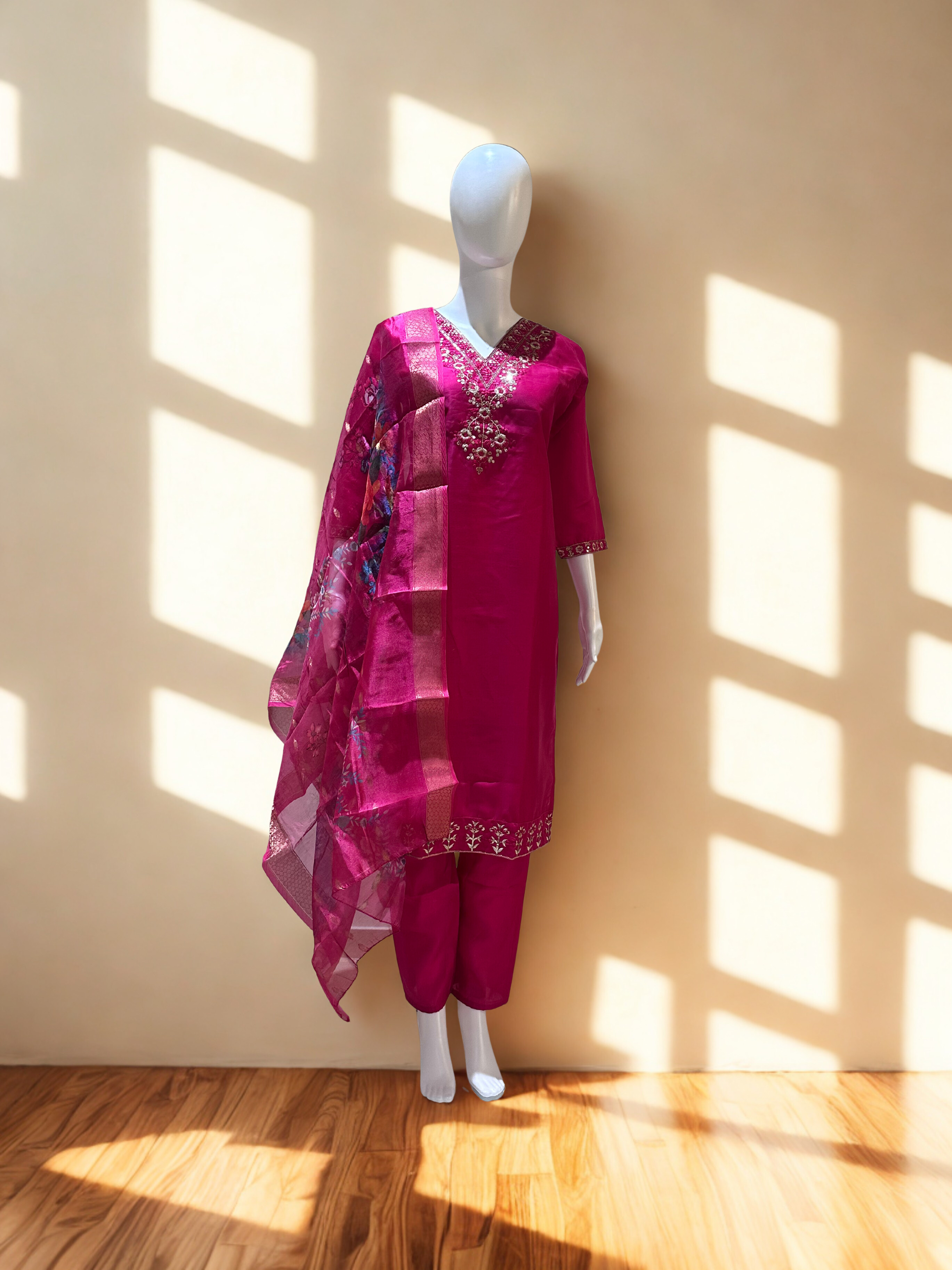 Rani Pink Embroidered sequinned straight kurtha with trouser & Dupatta