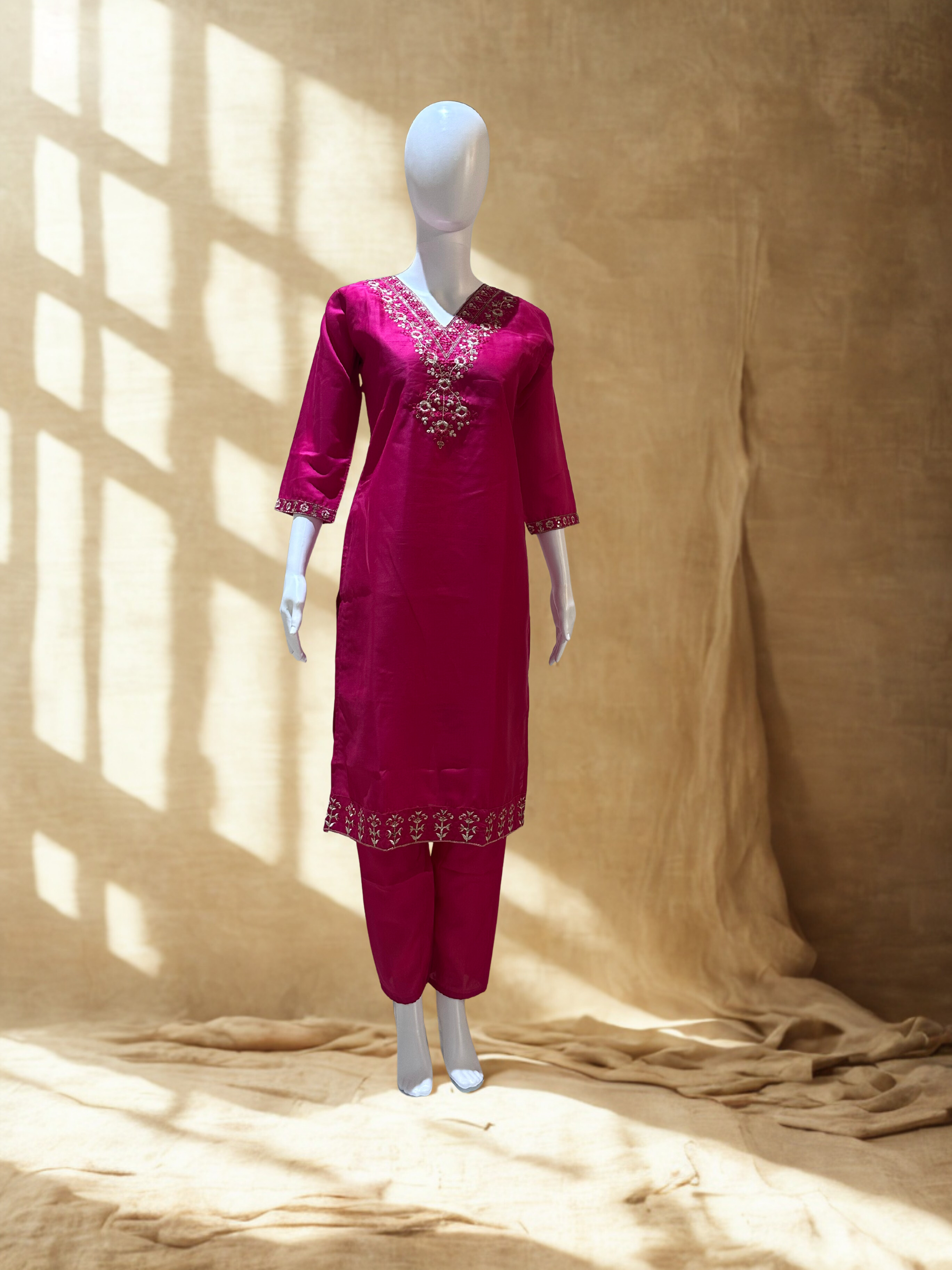 Rani Pink Embroidered sequinned straight kurtha with trouser & Dupatta