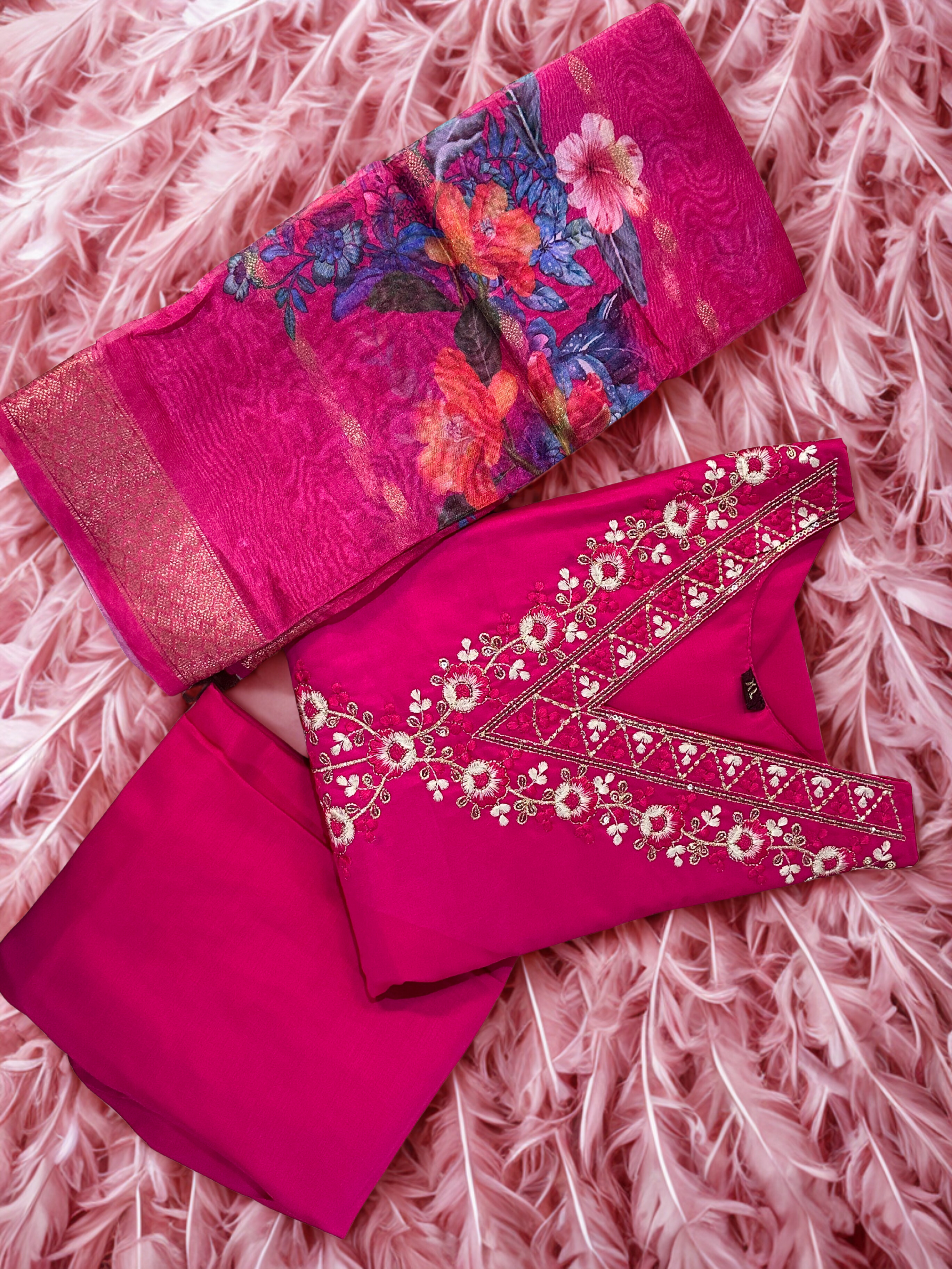 Rani Pink Embroidered sequinned straight kurtha with trouser & Dupatta