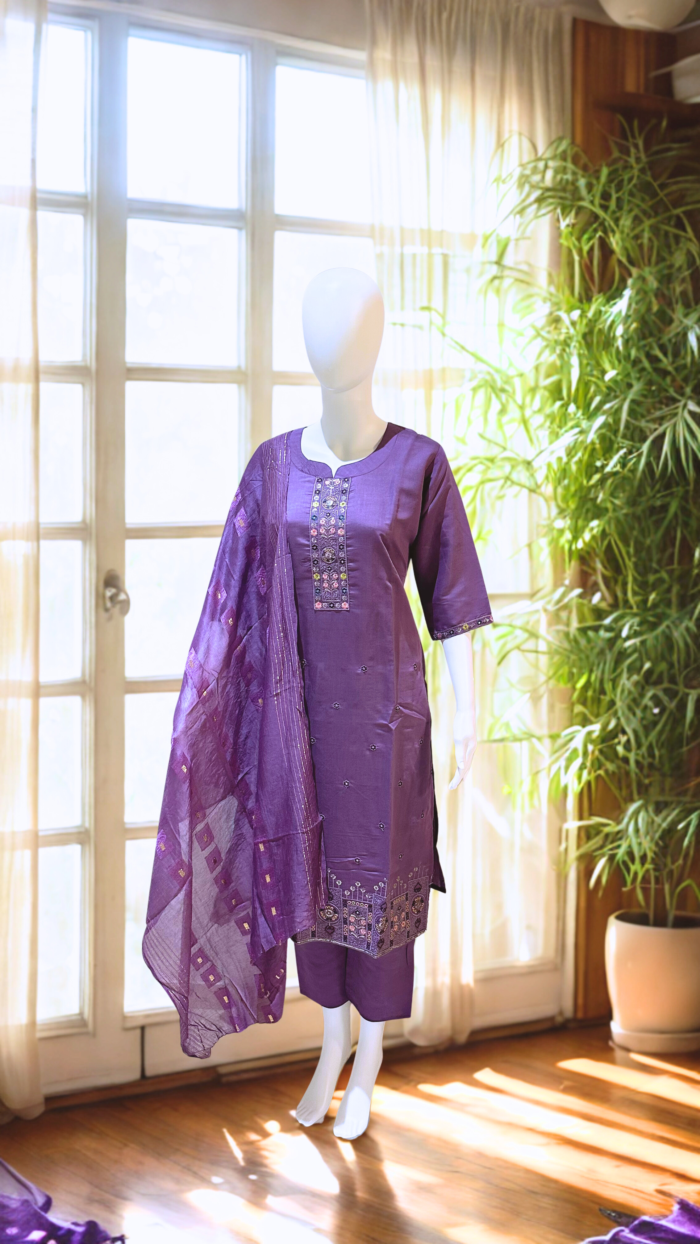 Lavender Embroidered straight kurtha with trouser & Dupatta