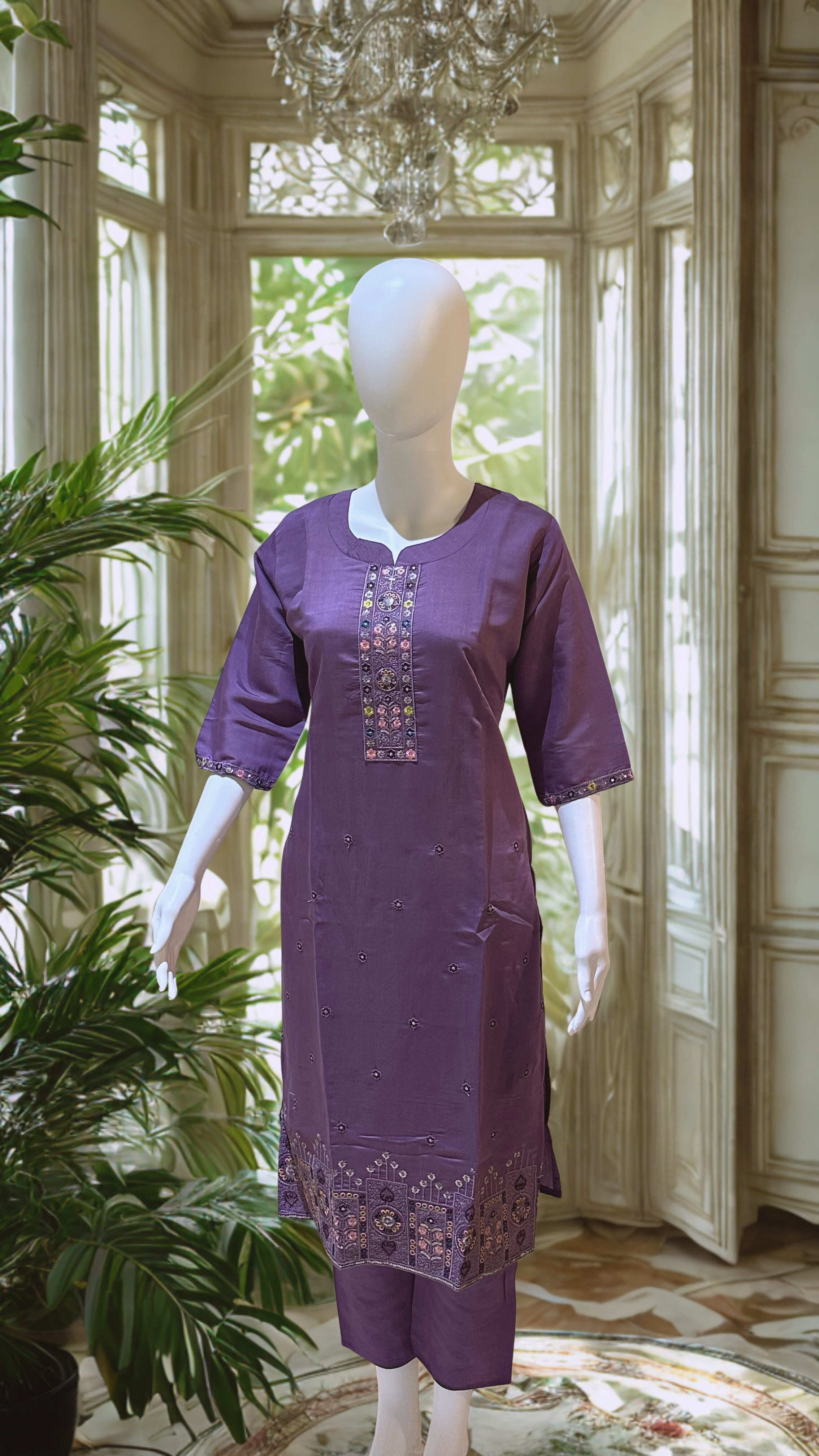 Lavender Embroidered straight kurtha with trouser & Dupatta