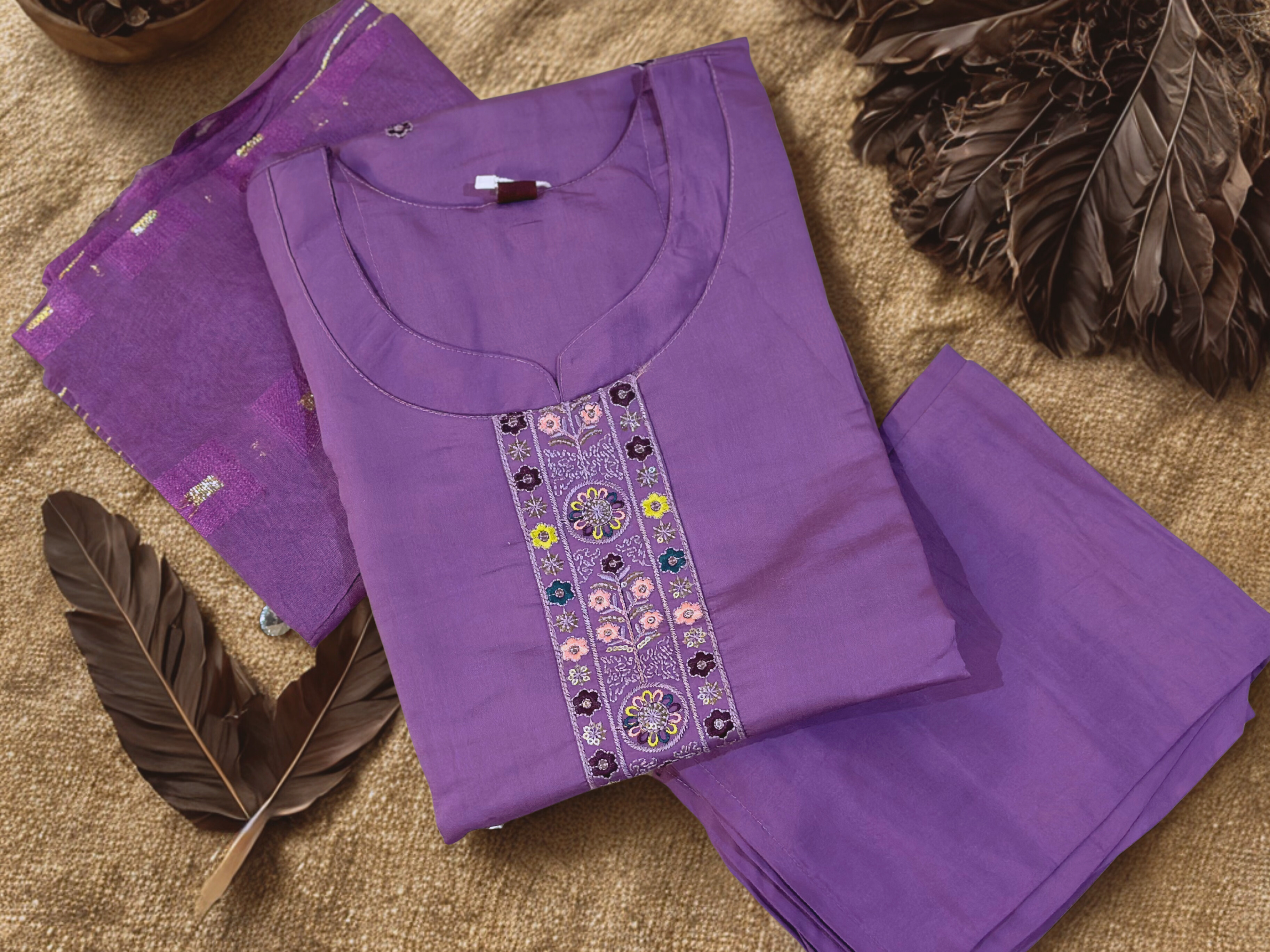 Lavender Embroidered straight kurtha with trouser & Dupatta