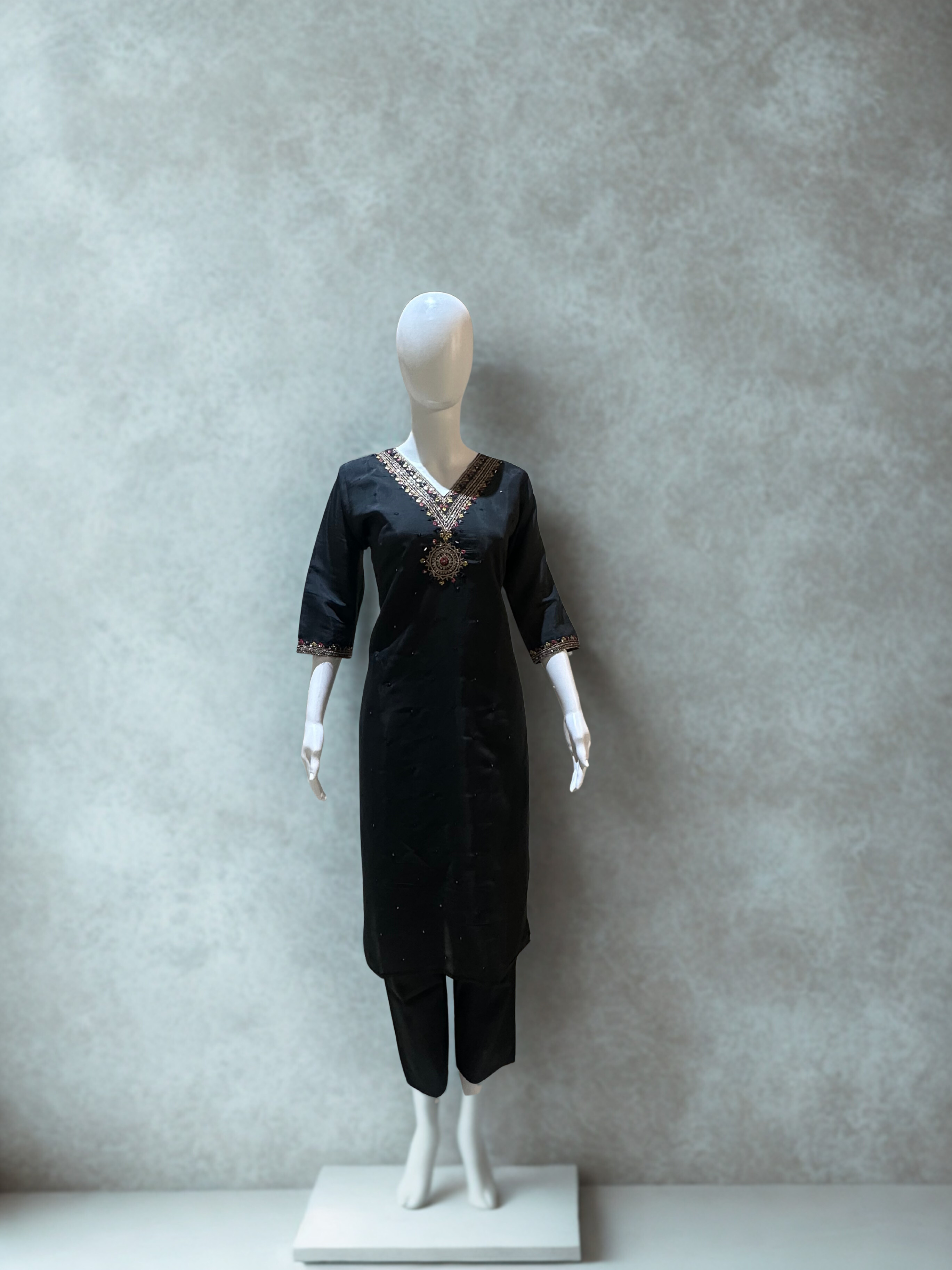 Black Embroidered sequinned straight kurtha with trouser & Dupatta