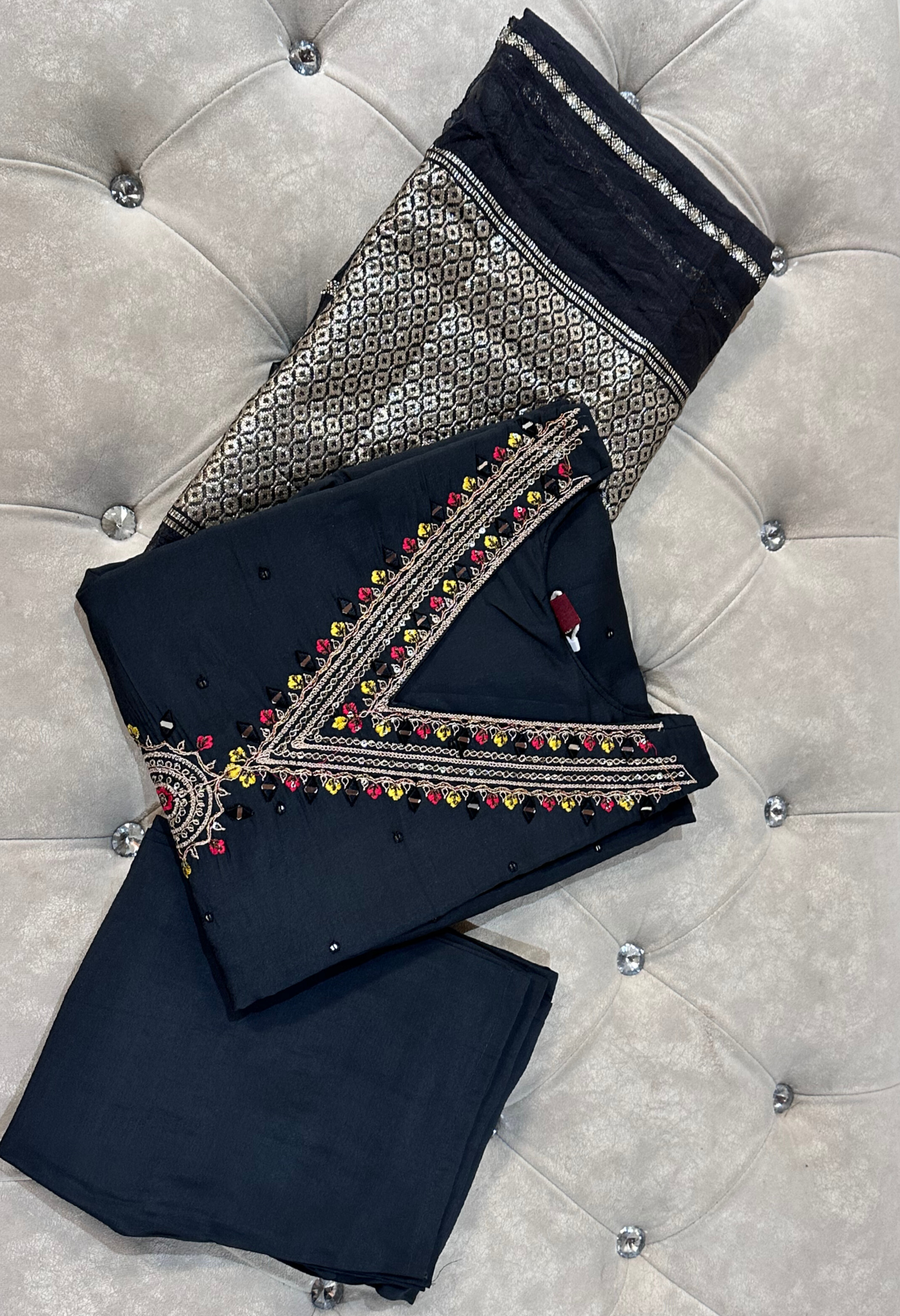 Black Embroidered sequinned straight kurtha with trouser & Dupatta
