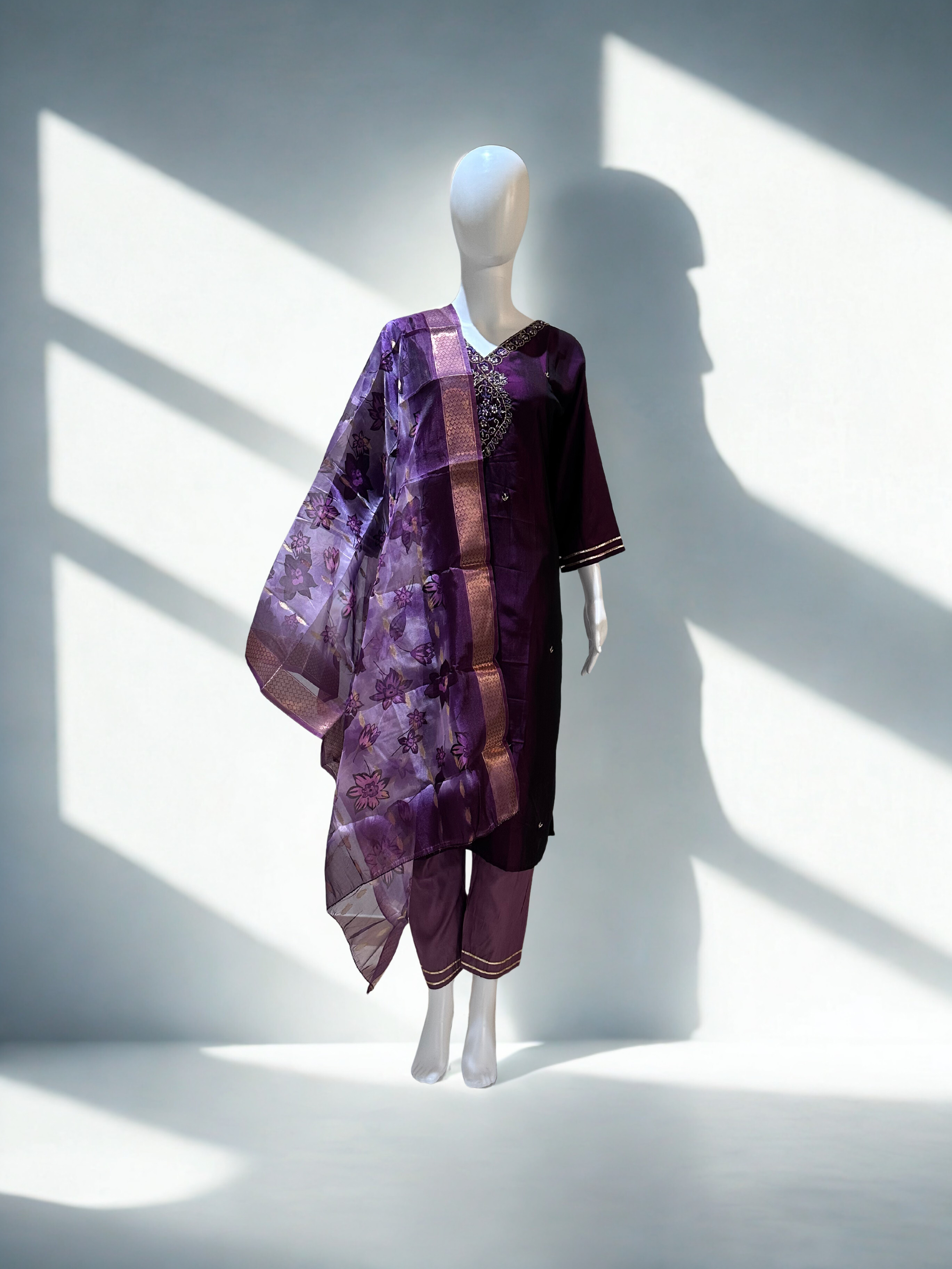 Wine color Hand Work straight kurtha with Lavender trouser & Dupatta