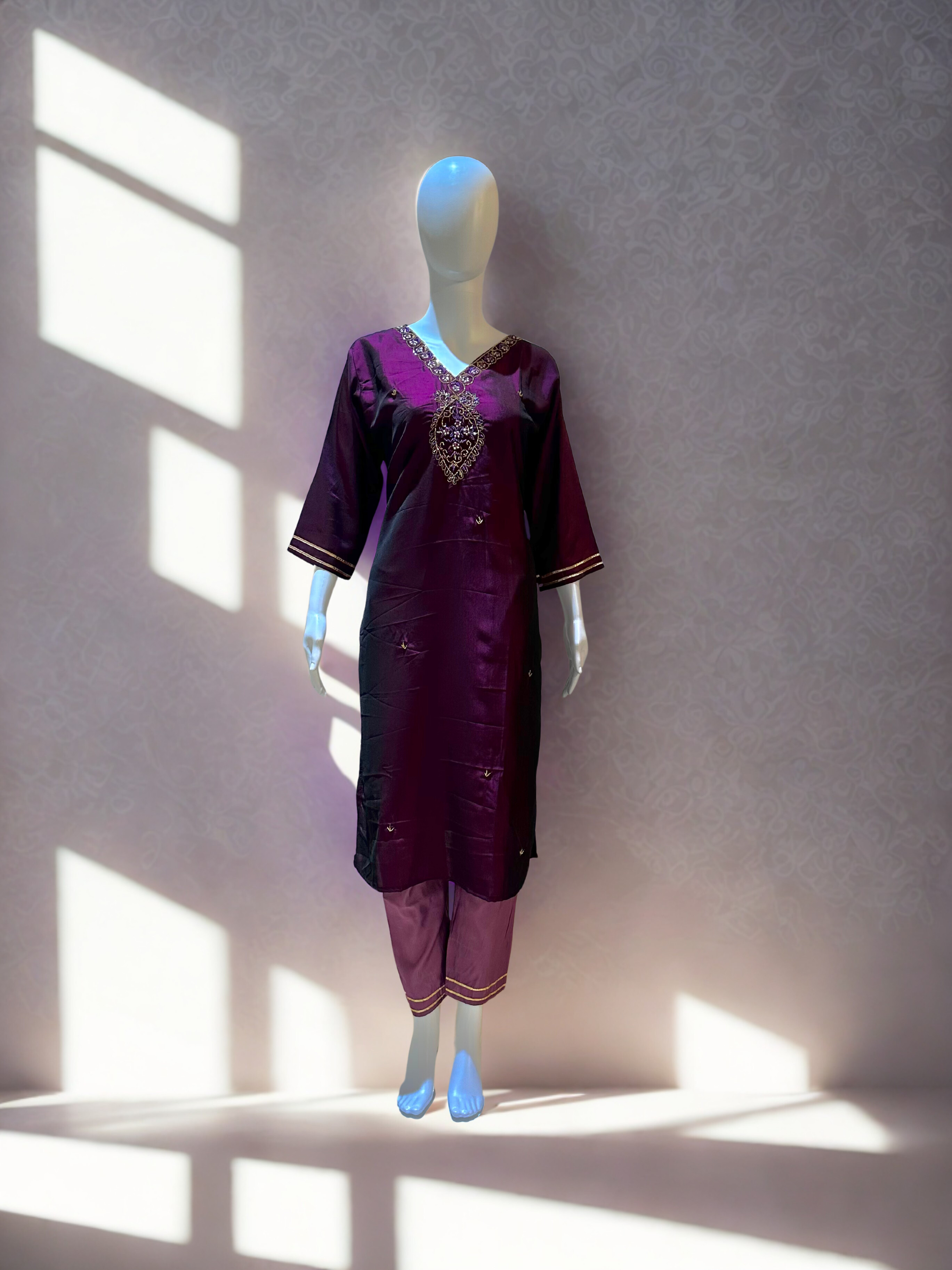 Wine color Hand Work  straight kurtha with Lavender trouser & Dupatta