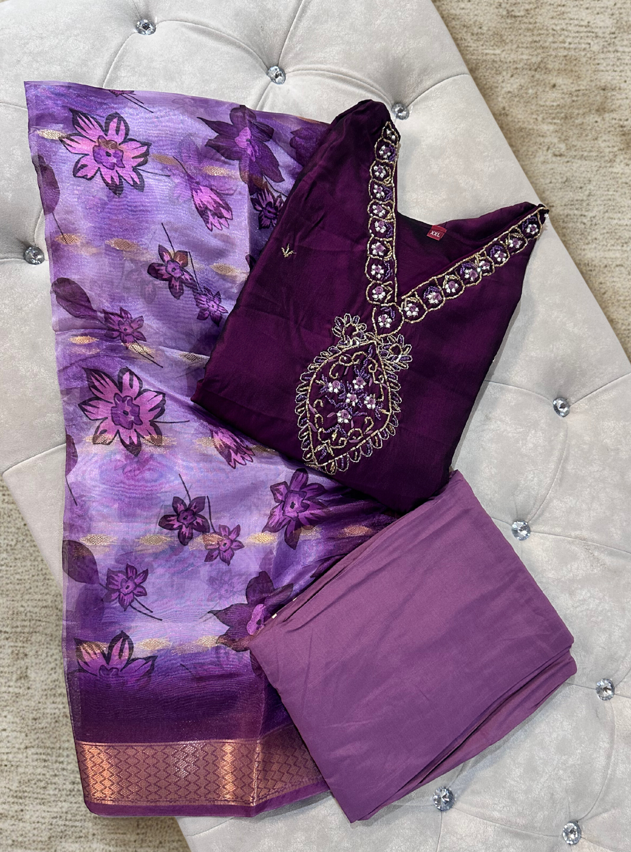 Wine color Hand Work  straight kurtha with Lavender trouser & Dupatta