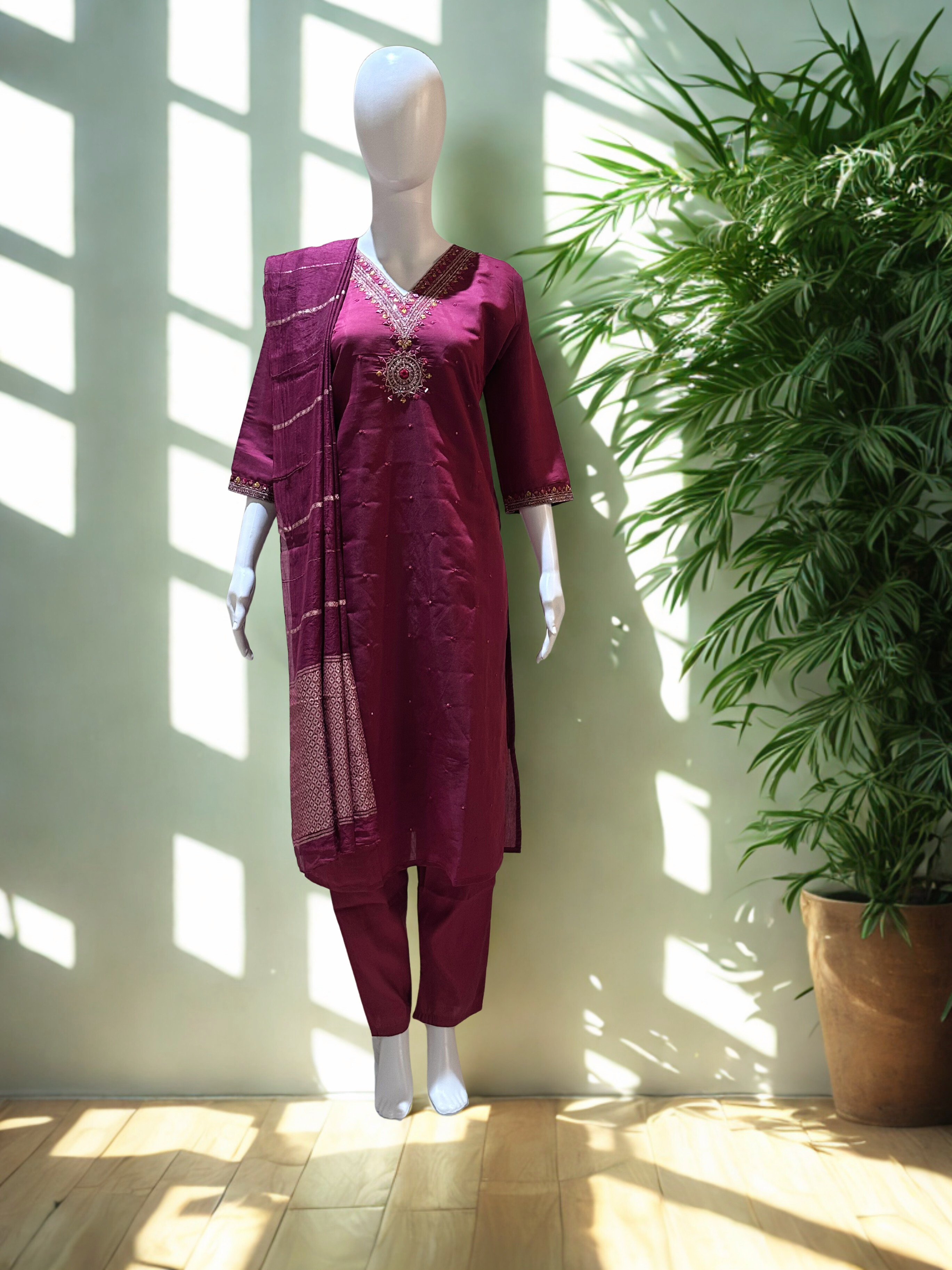 Light Maroon Embroidered sequinned straight kurtha with trouser & Dupatta