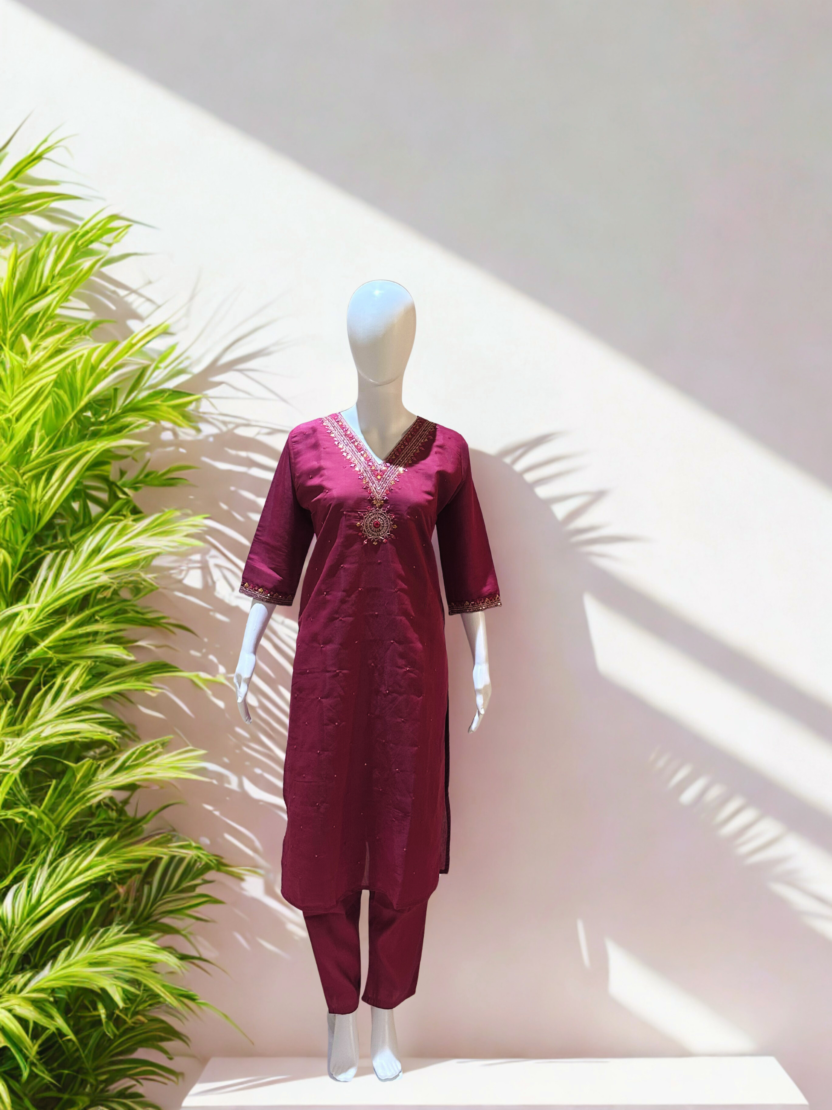 Light Maroon Embroidered sequinned straight kurtha with trouser & Dupatta