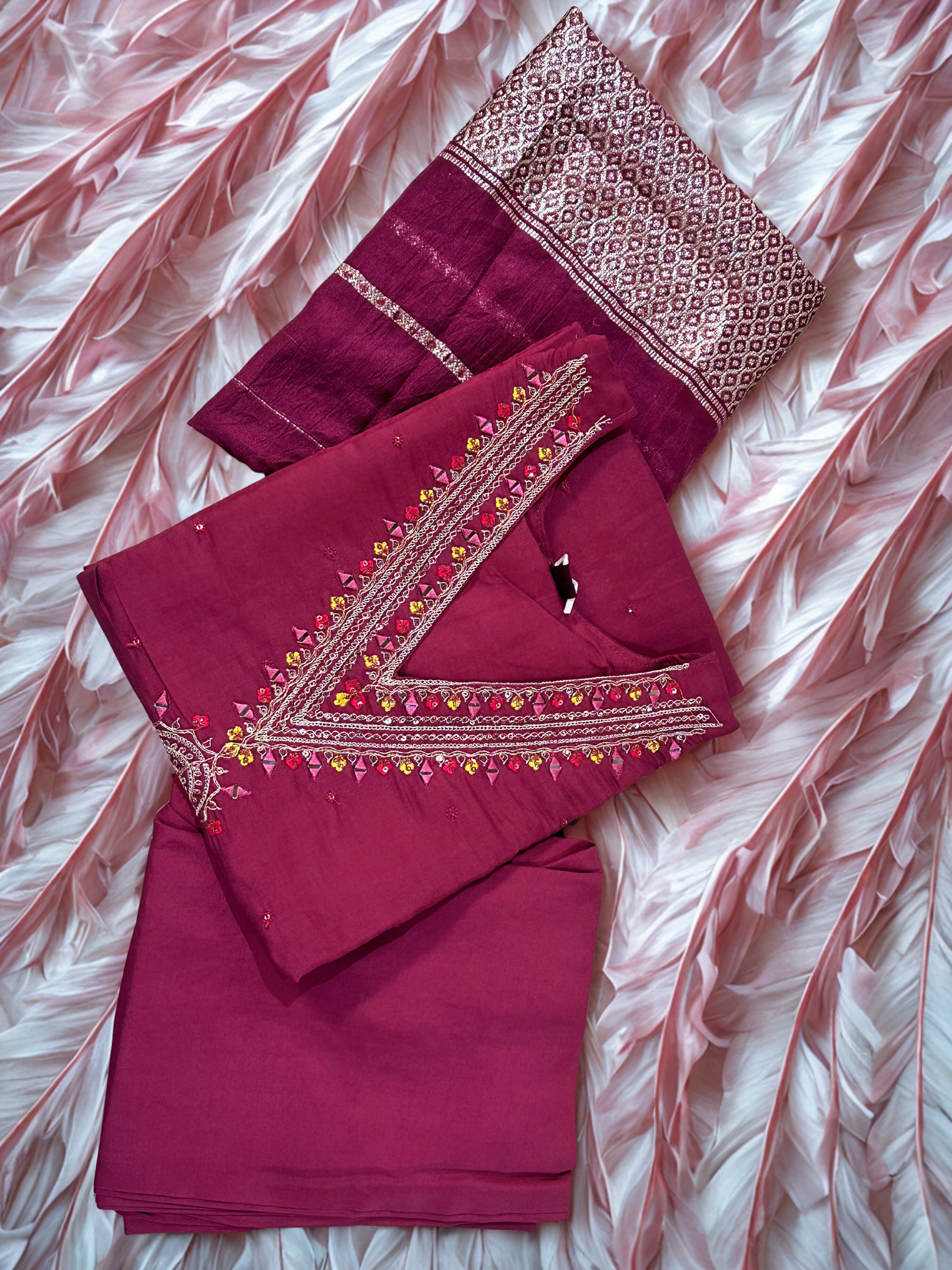 Light Maroon Embroidered sequinned straight kurtha with trouser & Dupatta