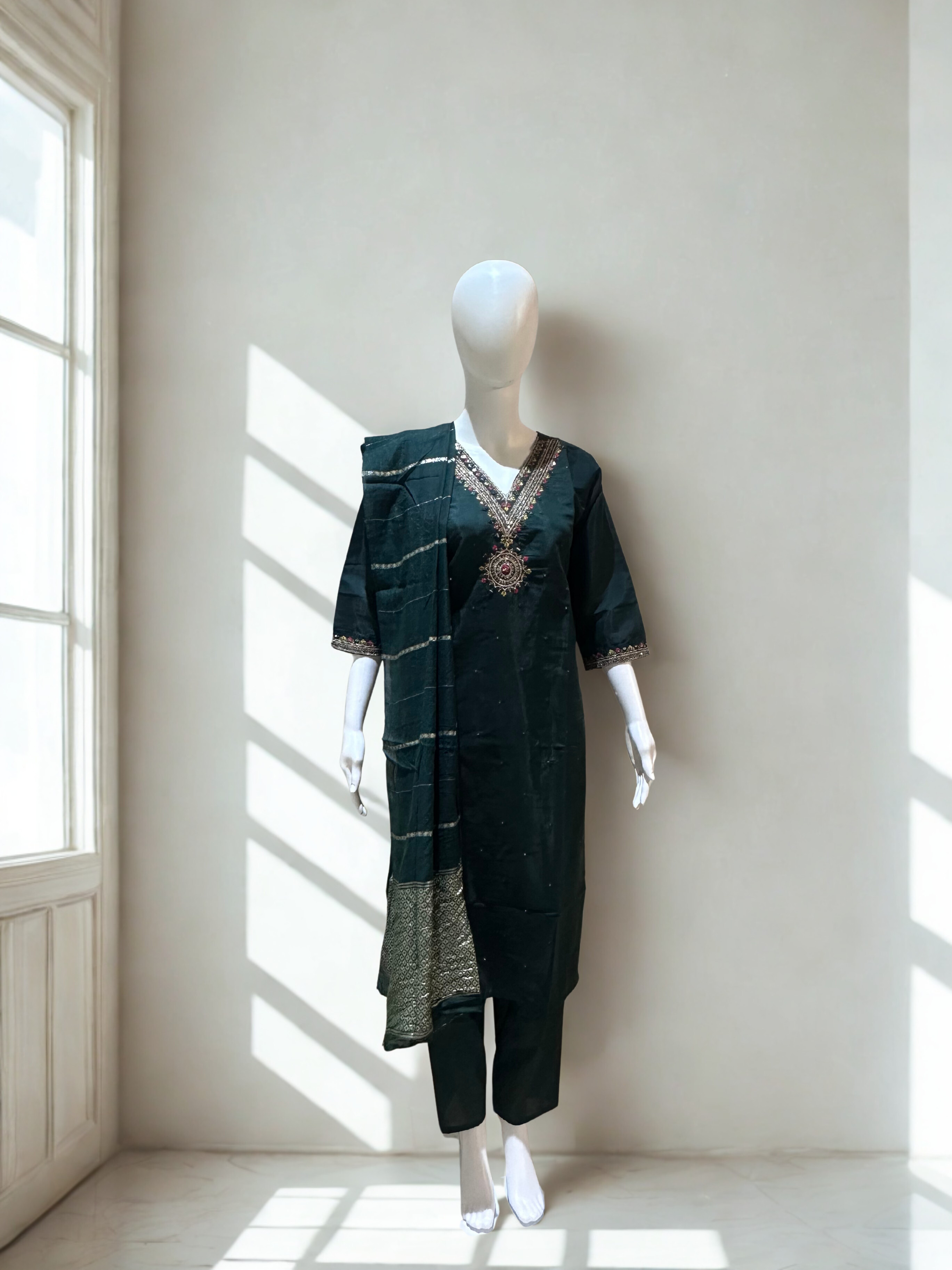 Dark Green Embroidered sequinned straight kurtha with trouser & Dupatta