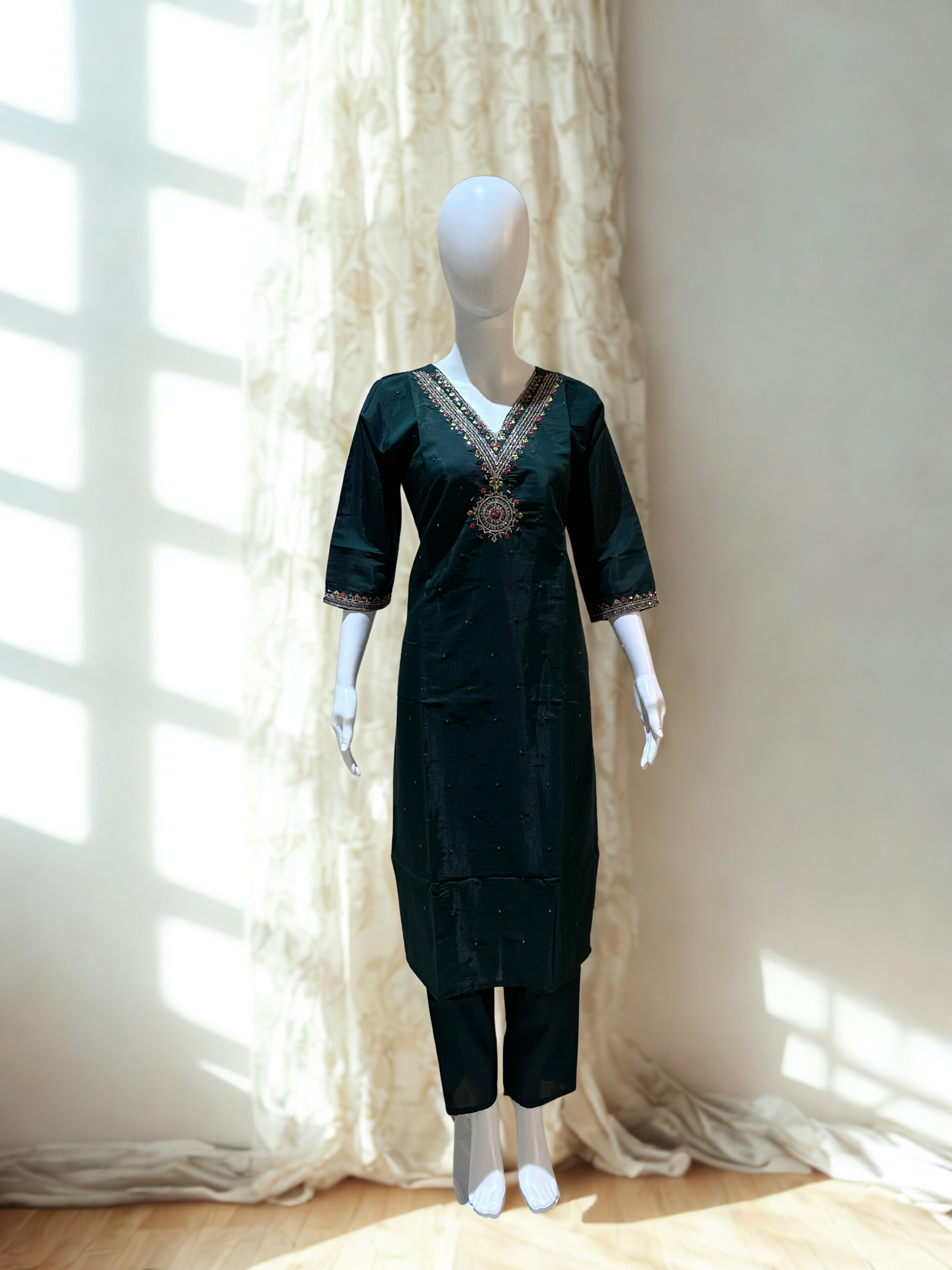 Dark Green Embroidered sequinned straight kurtha with trouser & Dupatta