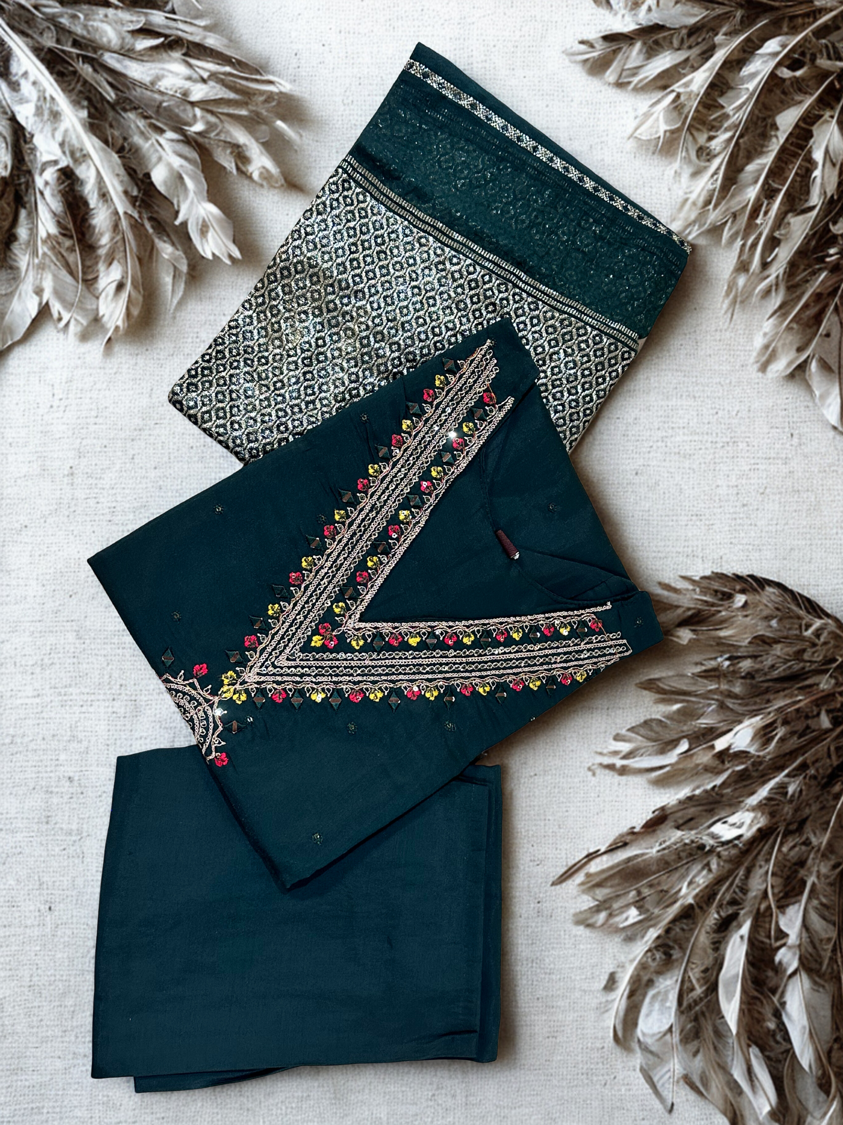 Dark Green Embroidered sequinned straight kurtha with trouser & Dupatta