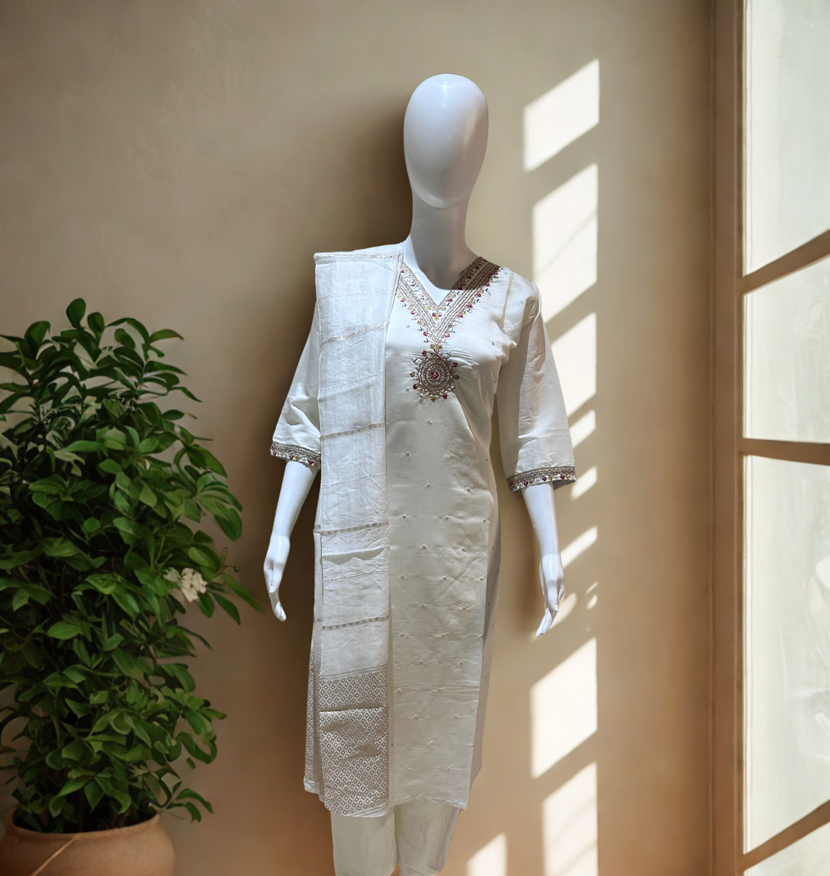 White Embroidered sequinned straight kurtha with trouser & Dupatta