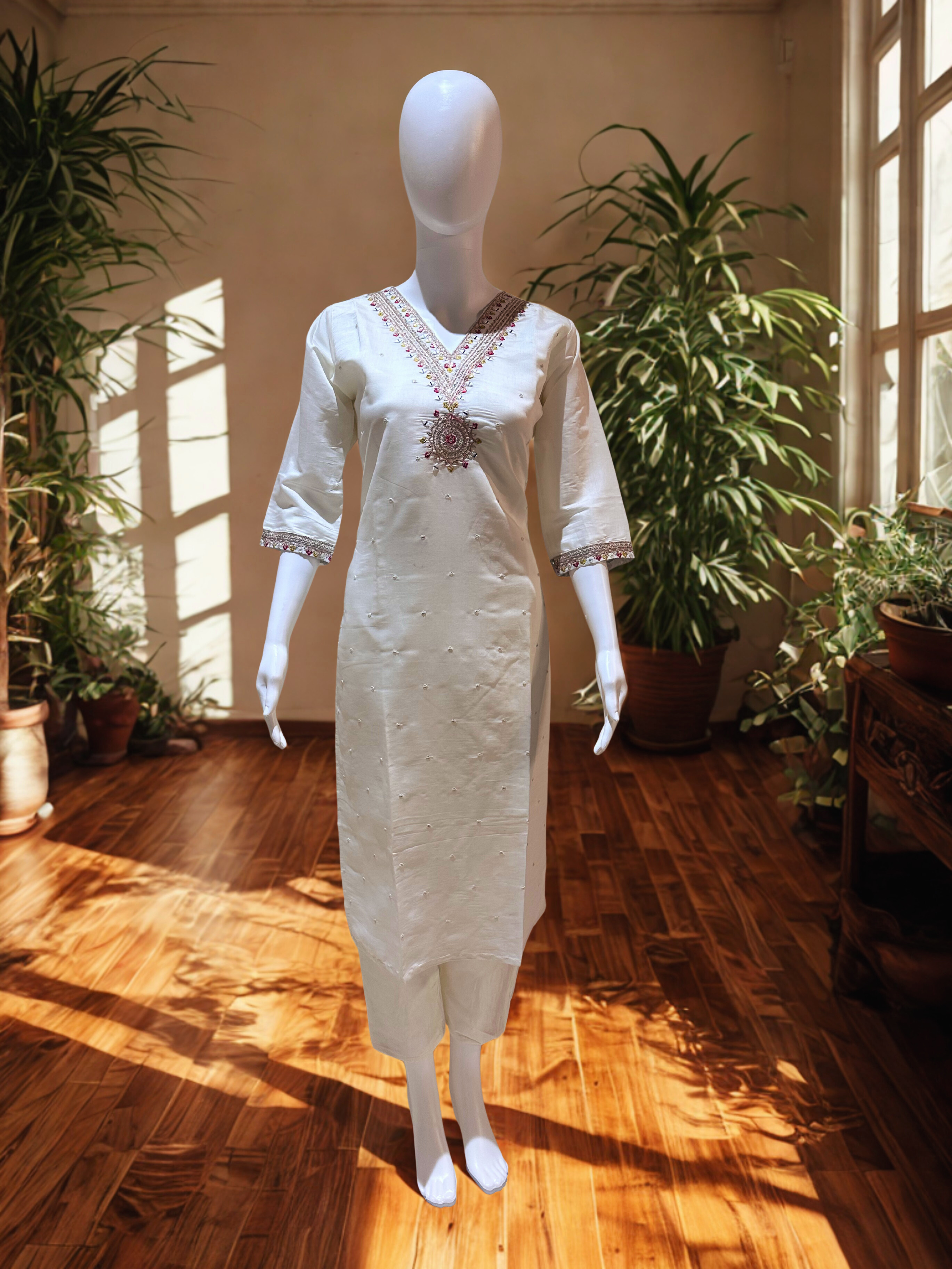 White Embroidered sequinned straight kurtha with trouser & Dupatta