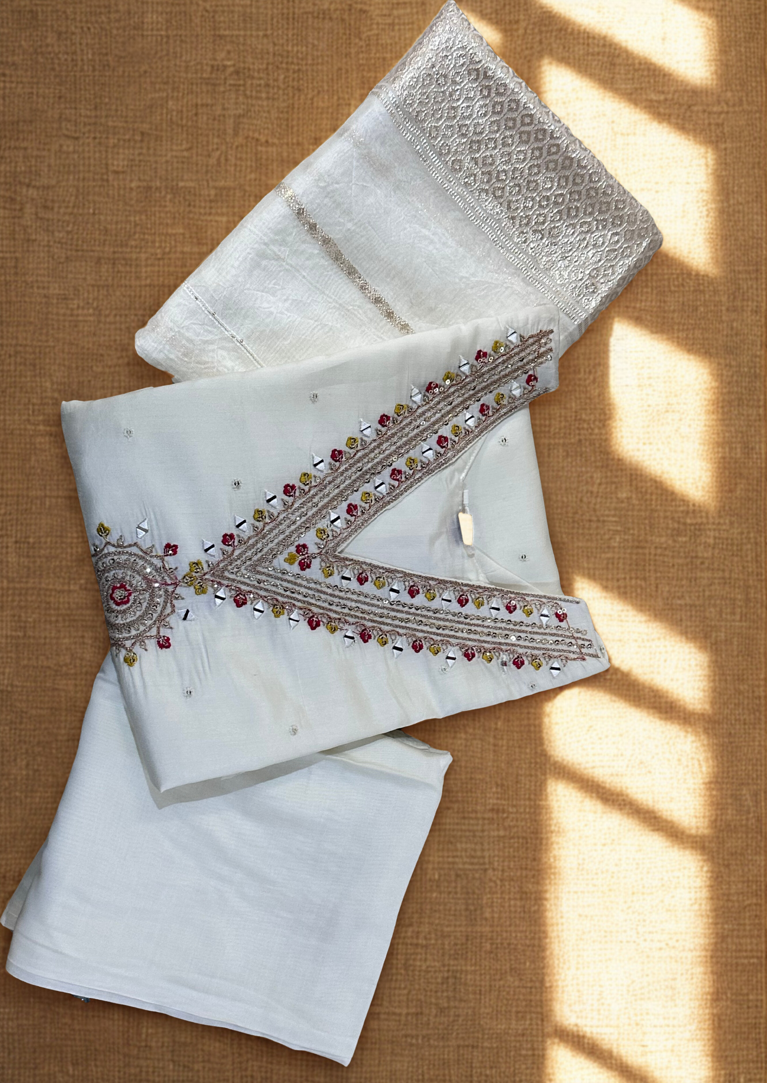 White Embroidered sequinned straight kurtha with trouser & Dupatta