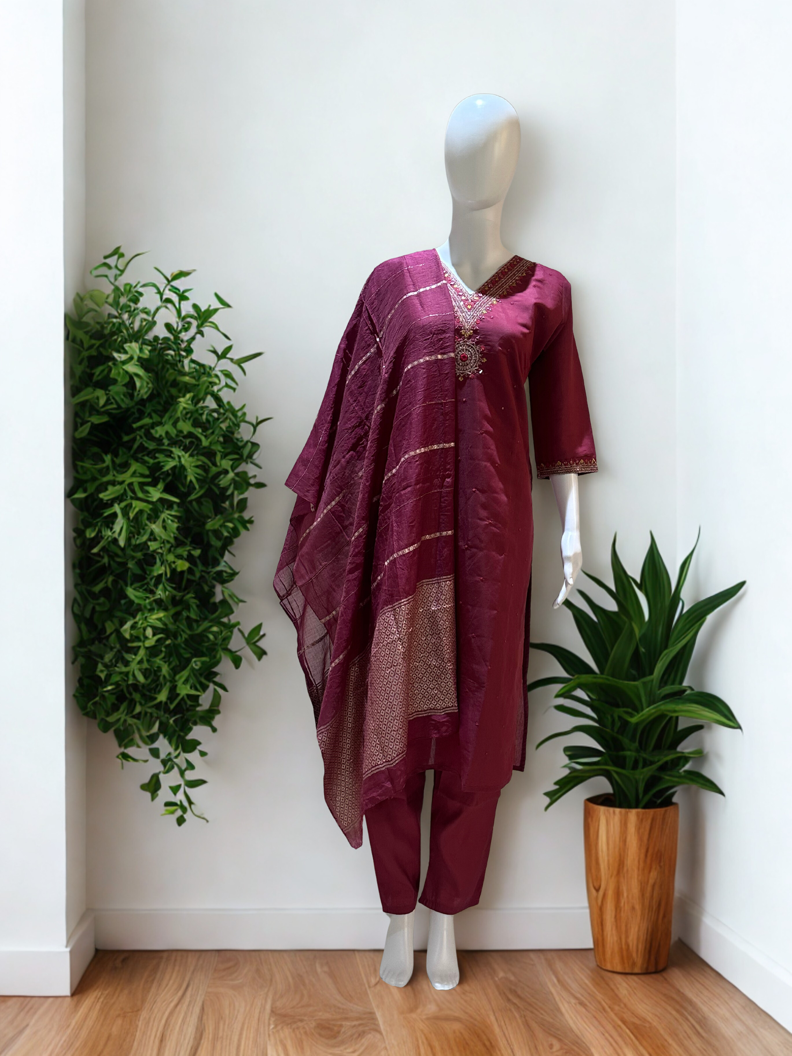 Light Maroon Embroidered sequinned straight kurtha with trouser & Dupatta
