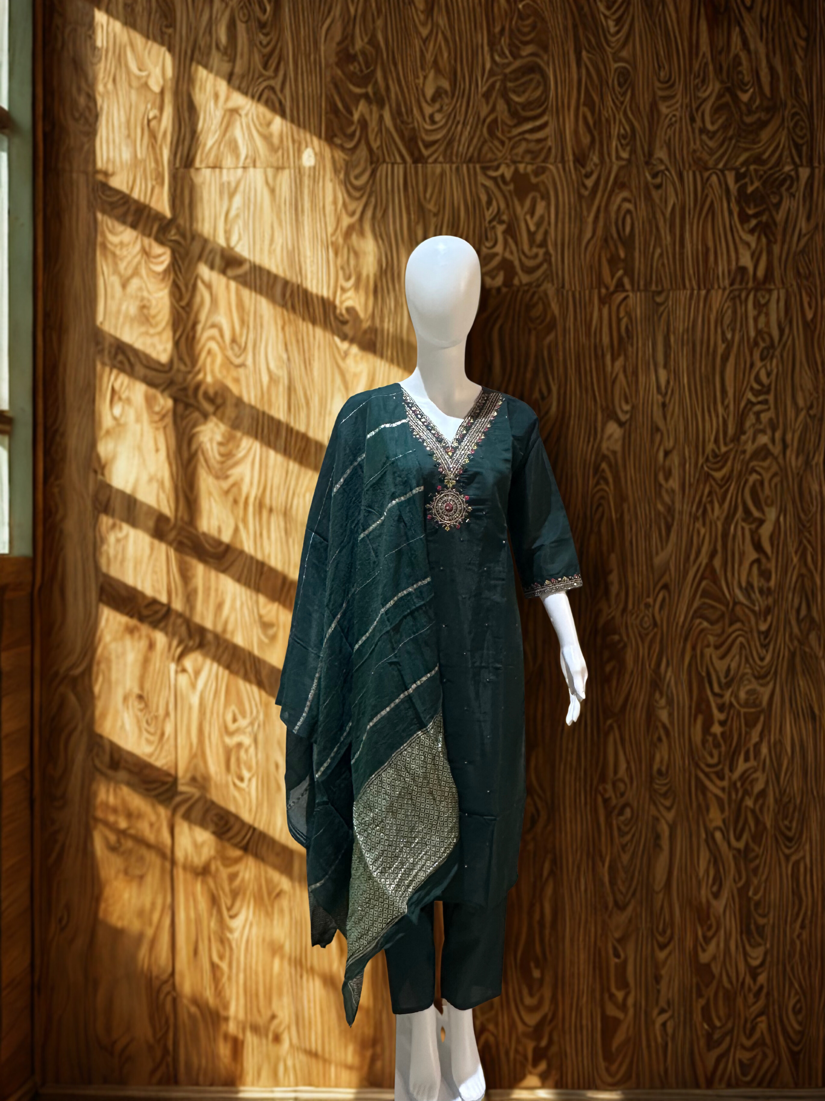 Dark Green Embroidered sequinned straight kurtha with trouser & Dupatta