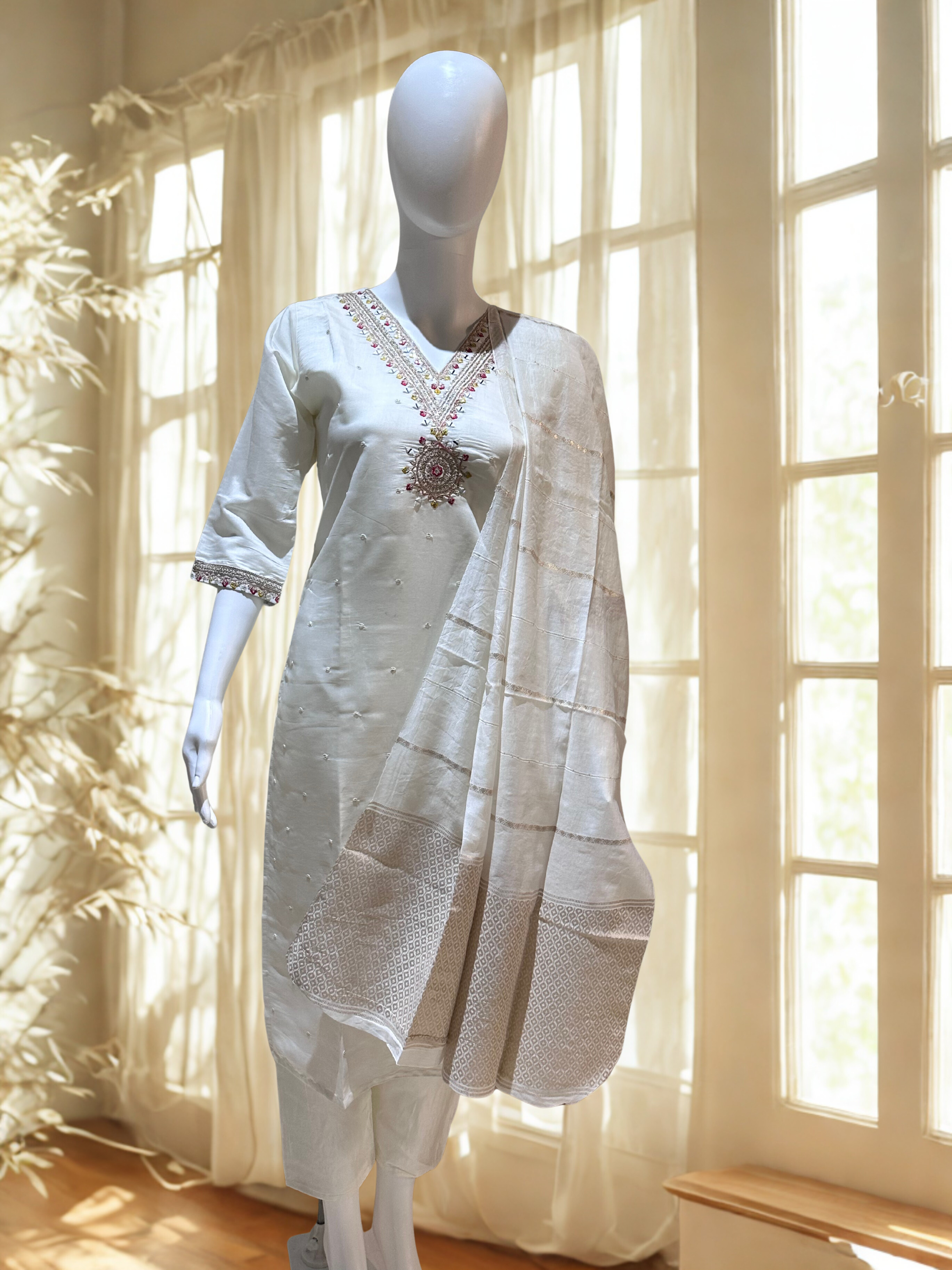 White Embroidered sequinned straight kurtha with trouser & Dupatta