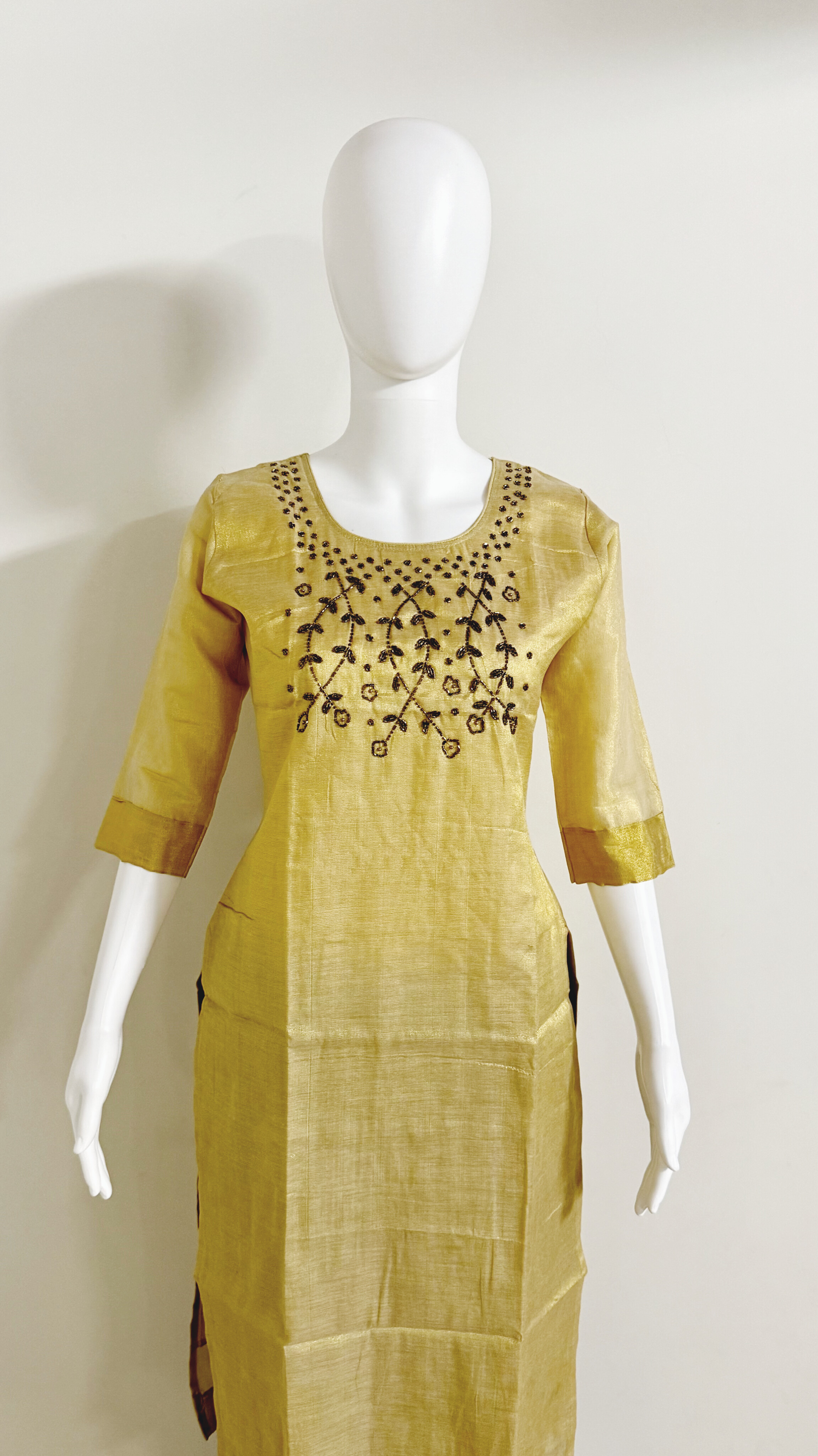 Golden Tissue Beads Work Kurti With Lining.