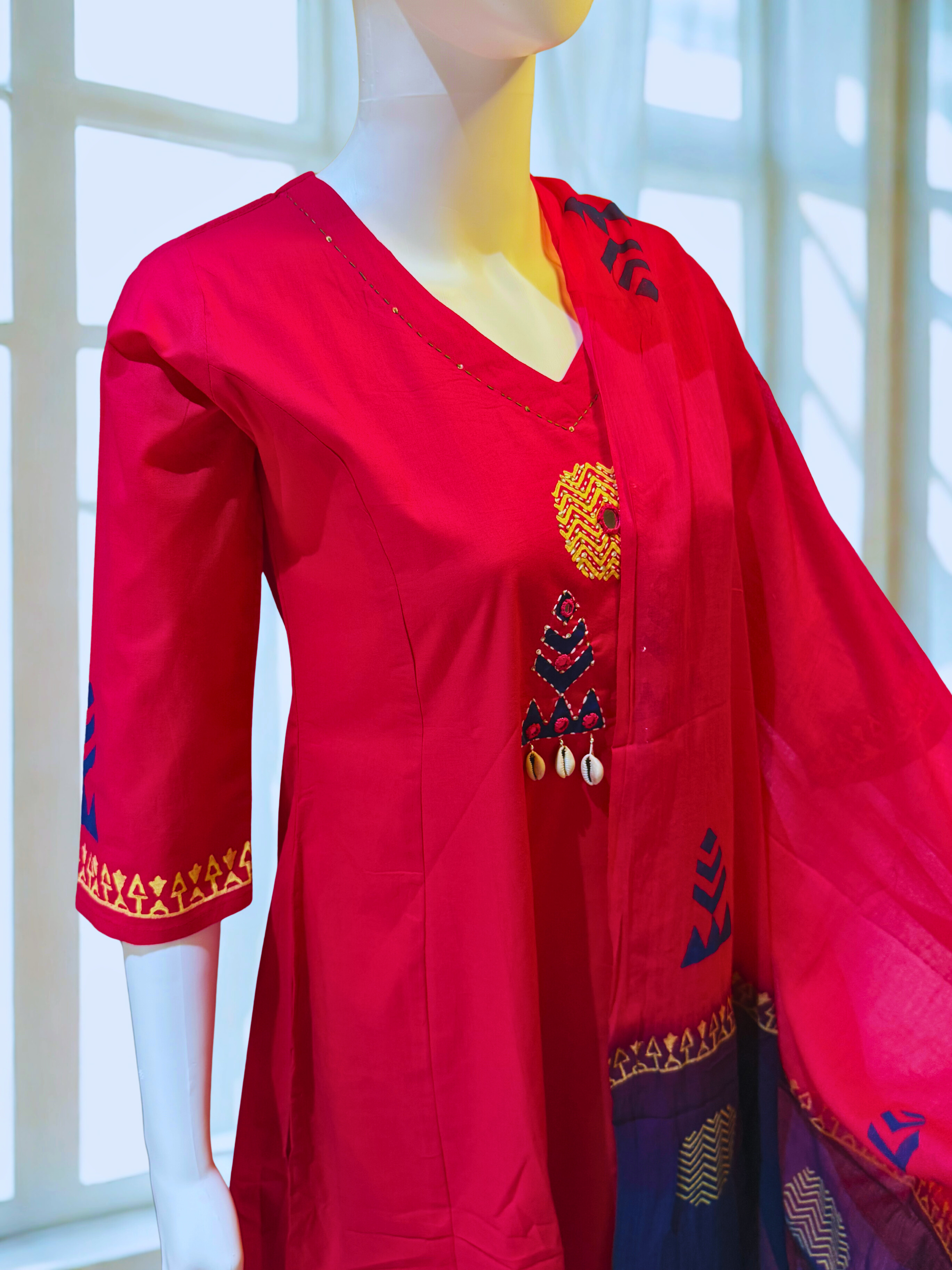 Pink Natural Cotton With Block Print and Hand Work