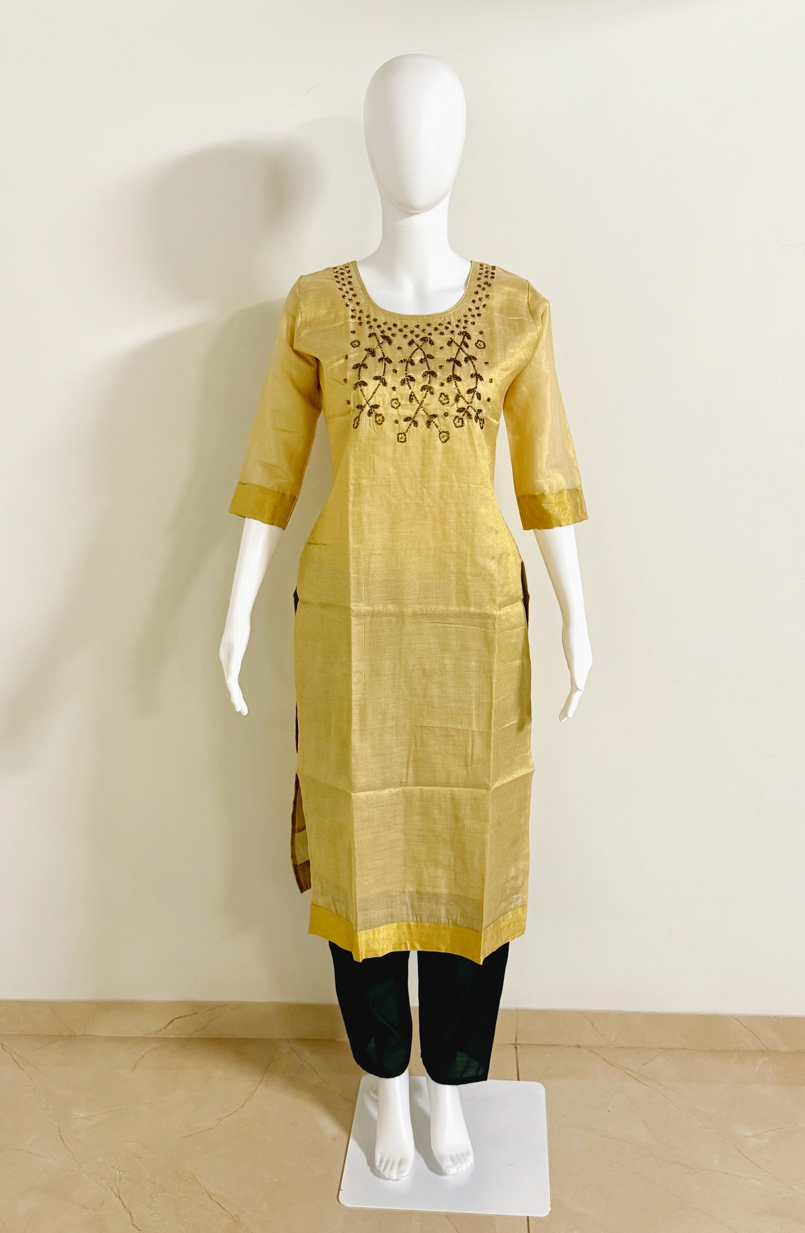 Golden Tissue Beads Work Kurti With Lining.