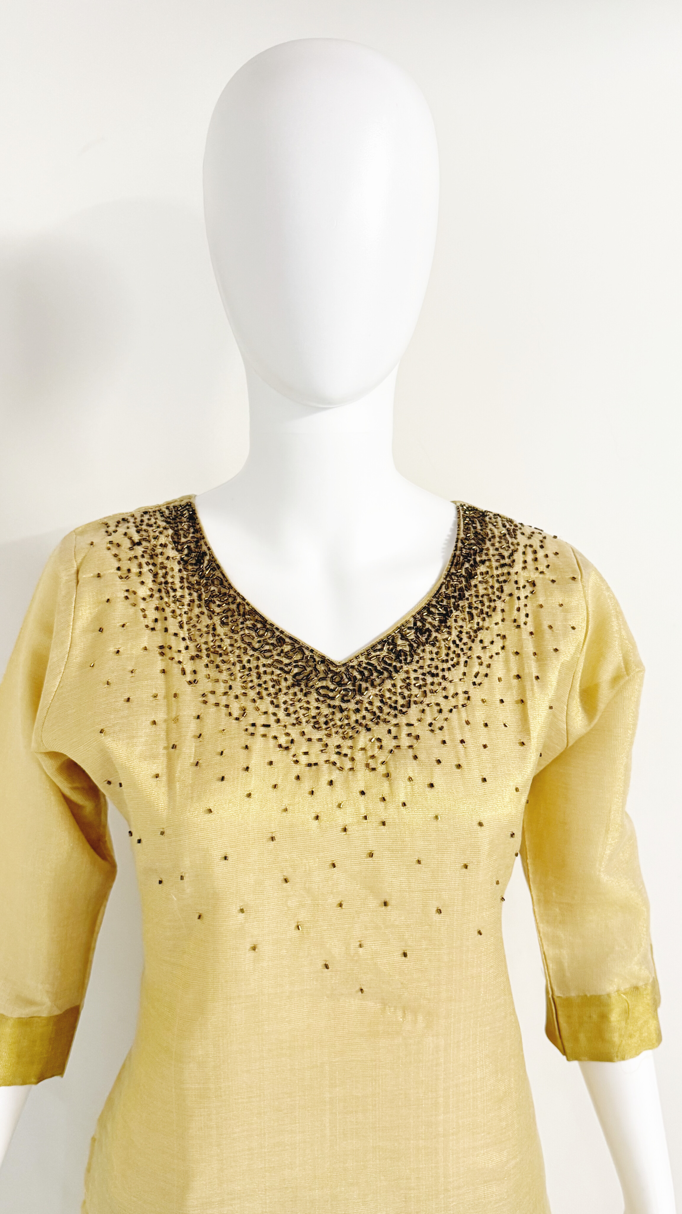 Golden Tissue Beads Work Kurti With Lining.