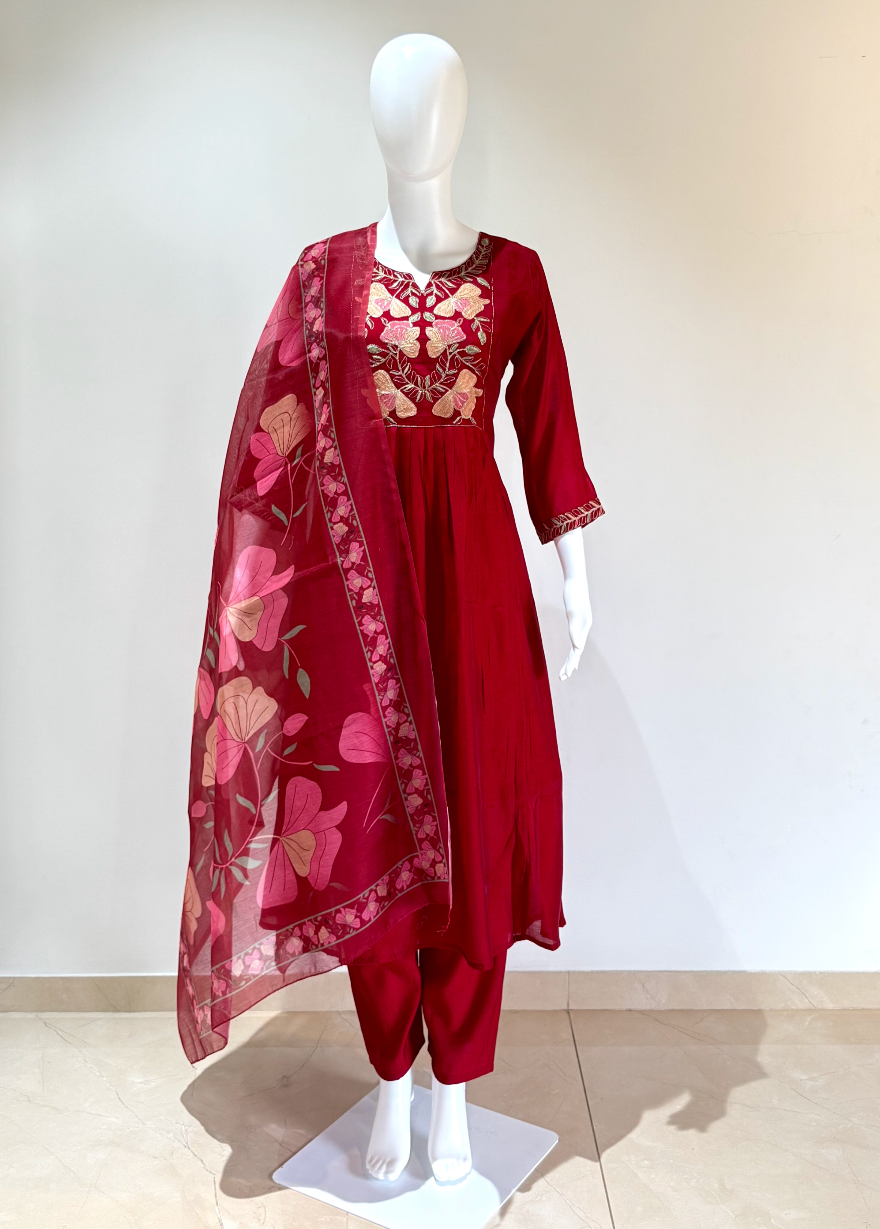 Mal Chanderi with embroidery tar work with silai pattern (Frock Style)