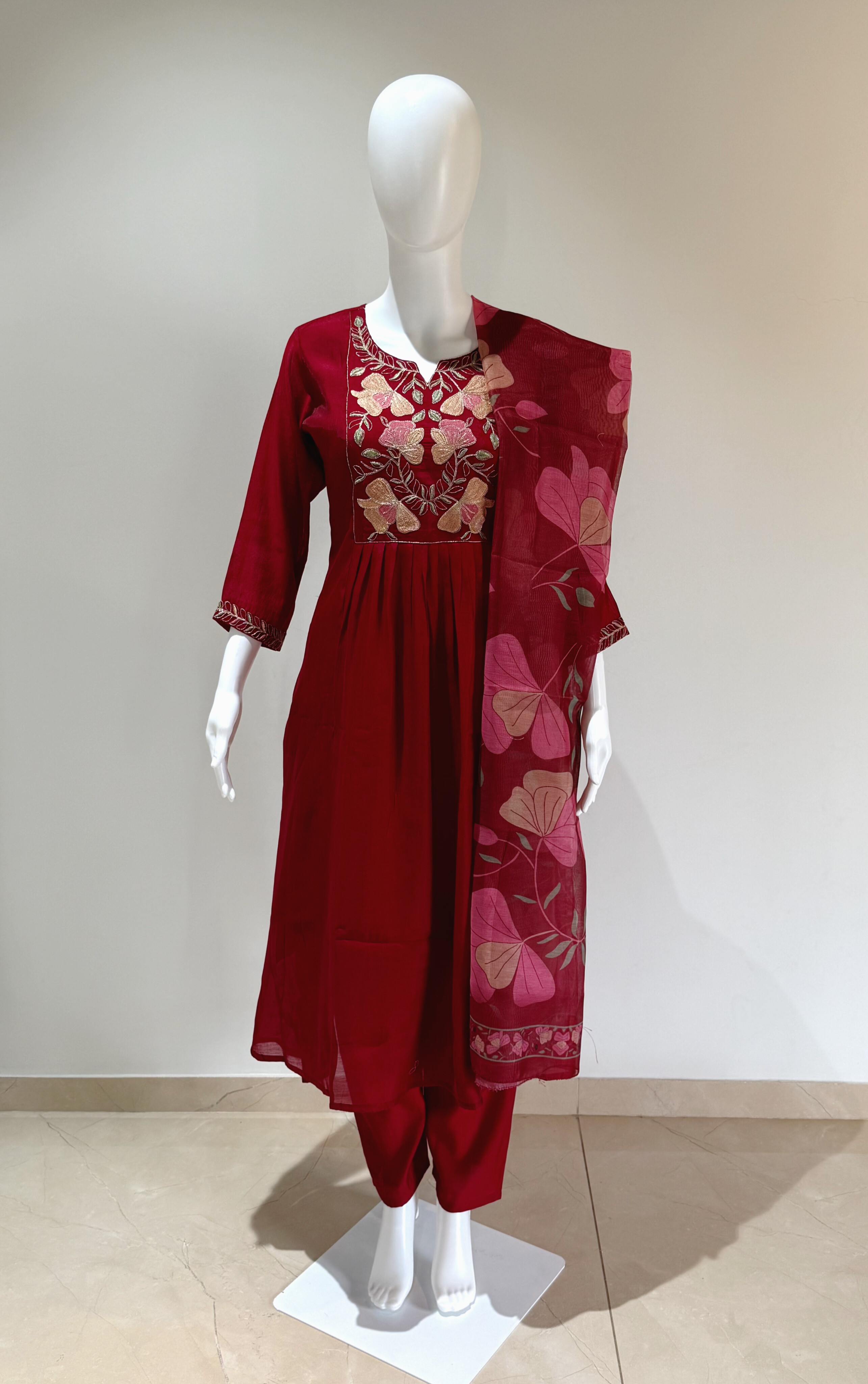 Mal Chanderi with embroidery tar work with silai pattern (Frock Style)