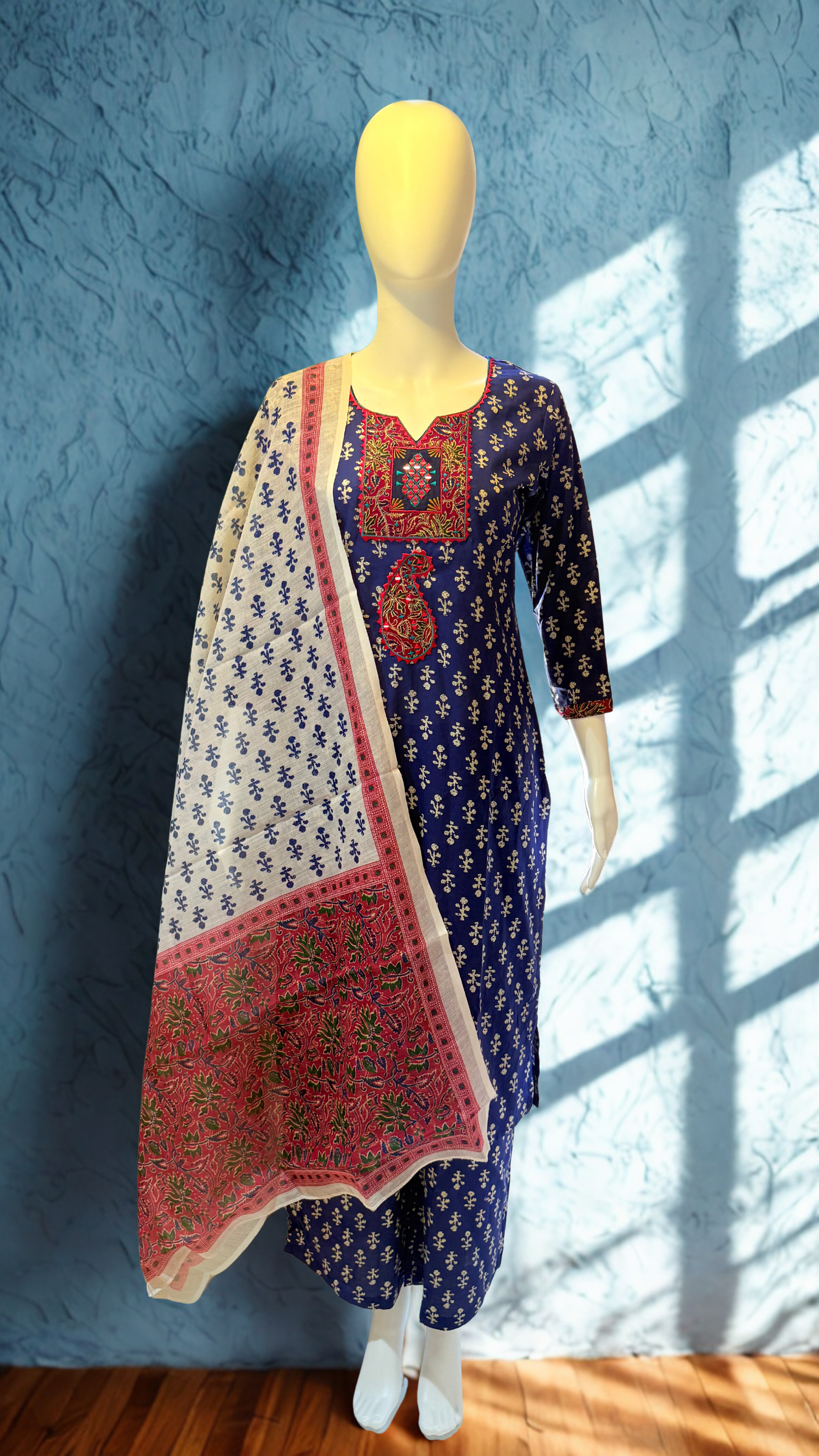 Blue Pure Cotton With Manual Mirror and Aplic Work 