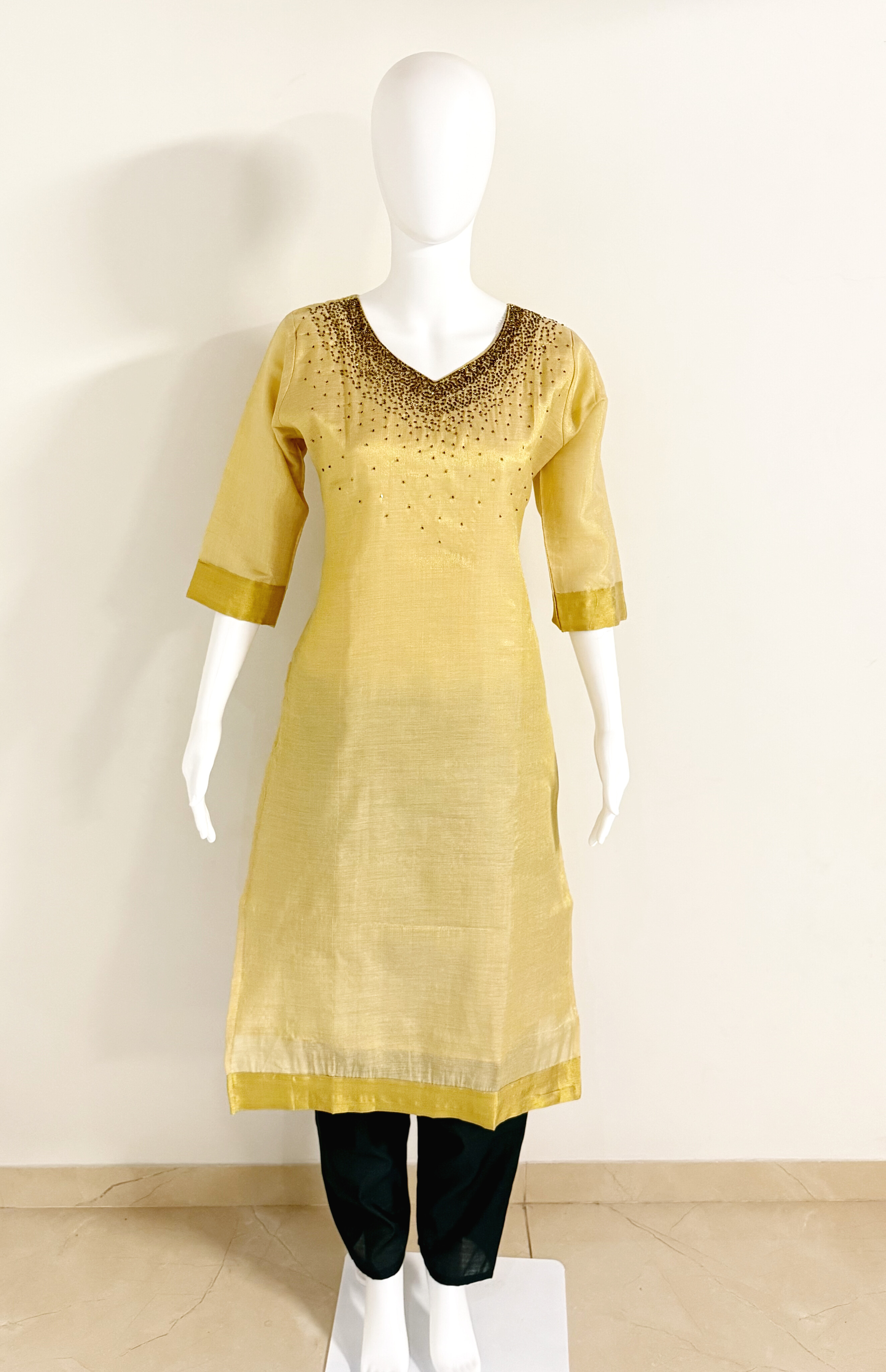 Golden Tissue Beads Work Kurti With Lining.
