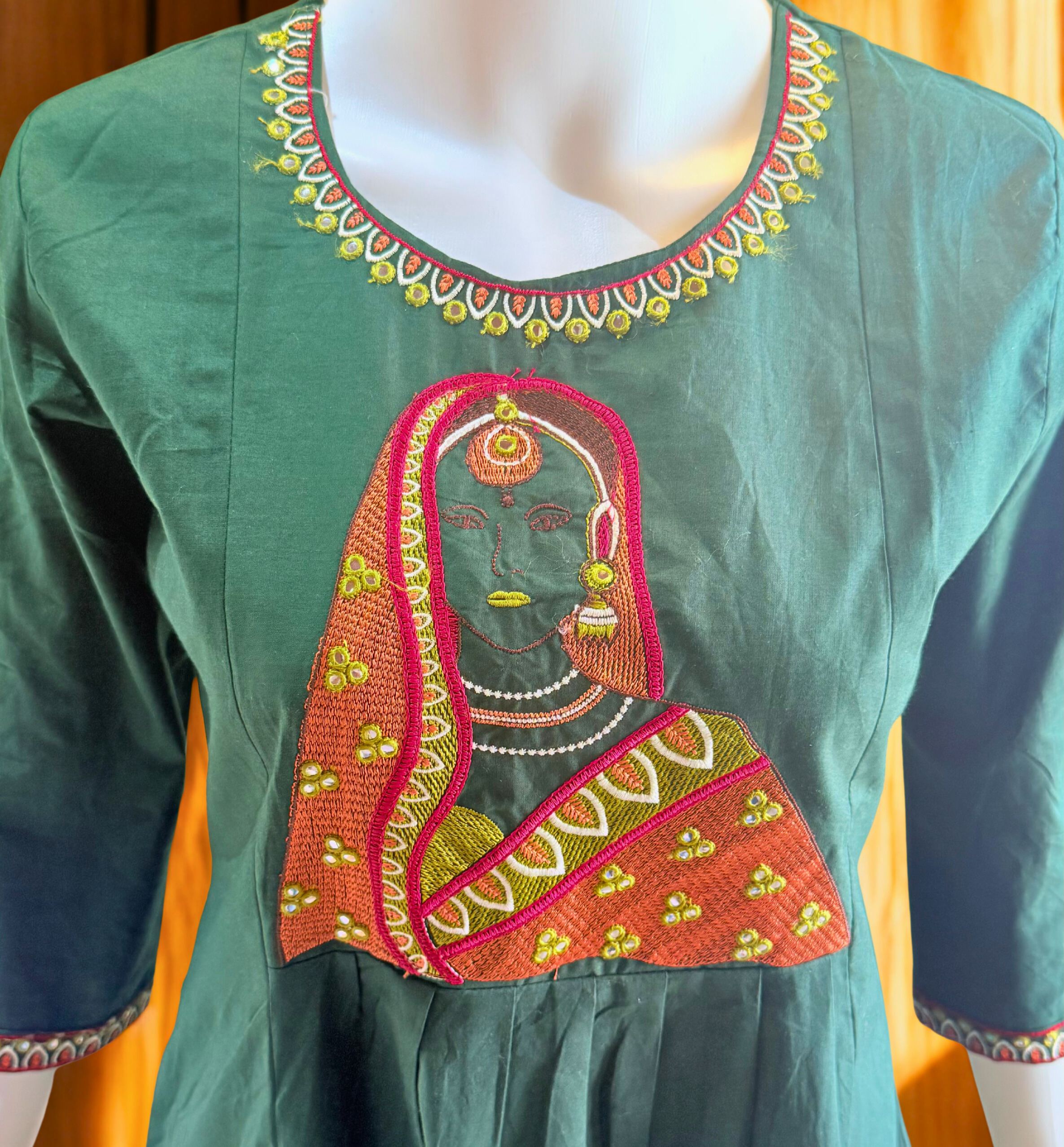 Green Natural Cotton With Embroidery Silai Pattern 