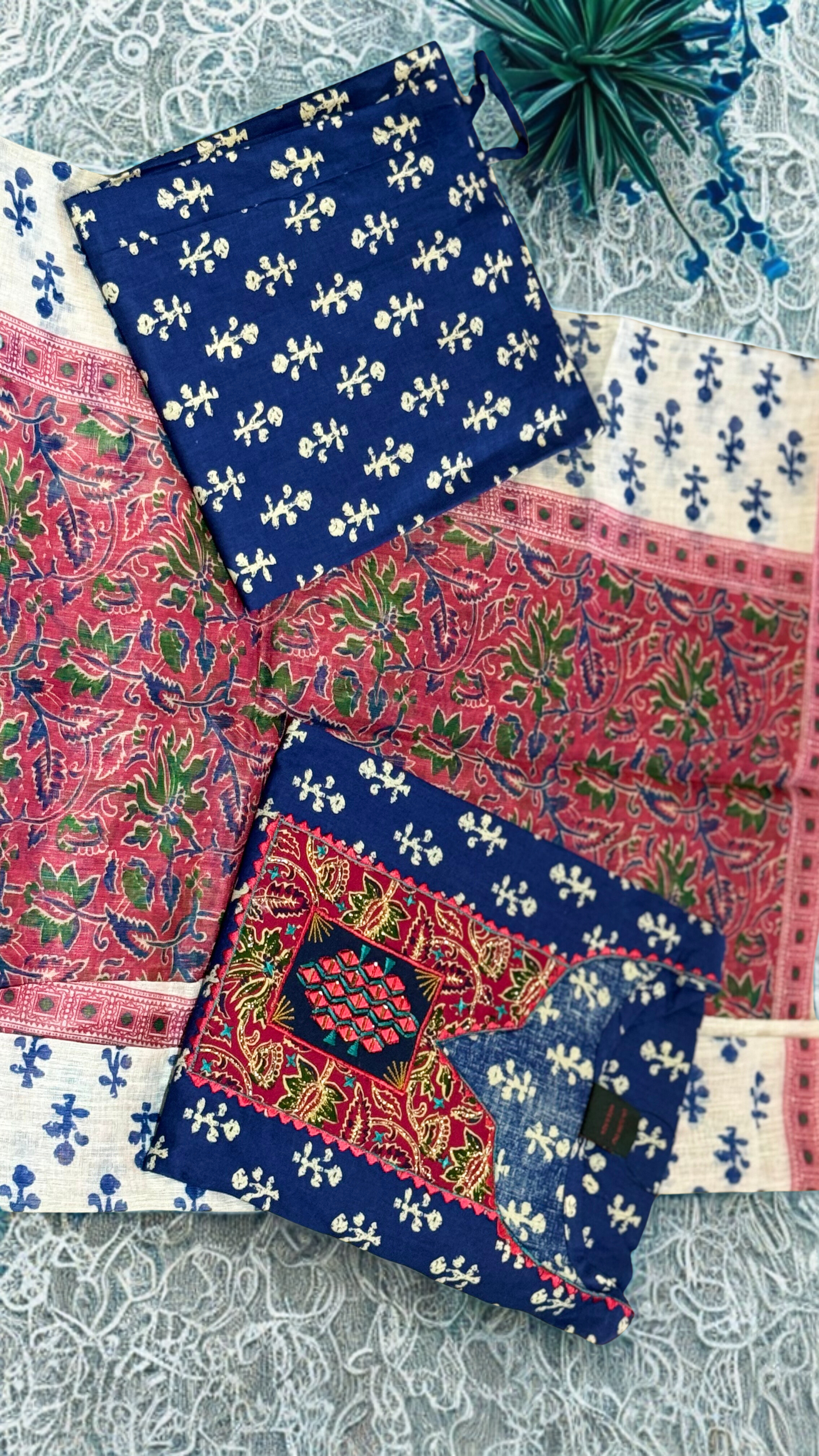 Blue Pure Cotton With Manual Mirror and Aplic Work 