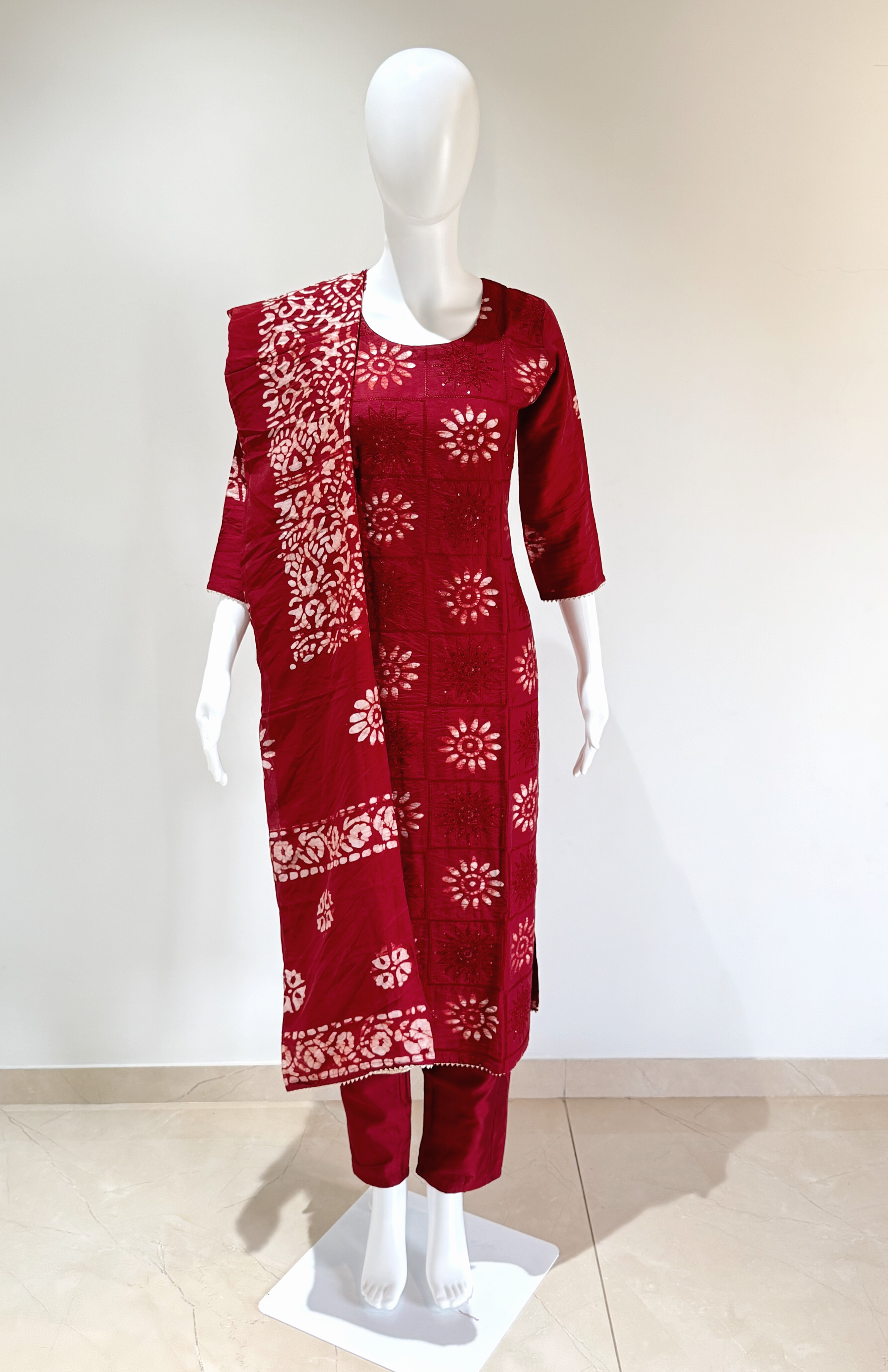 Orginal Silk Vax Batik Print & Boring Embroidery Work With Cotton Lining