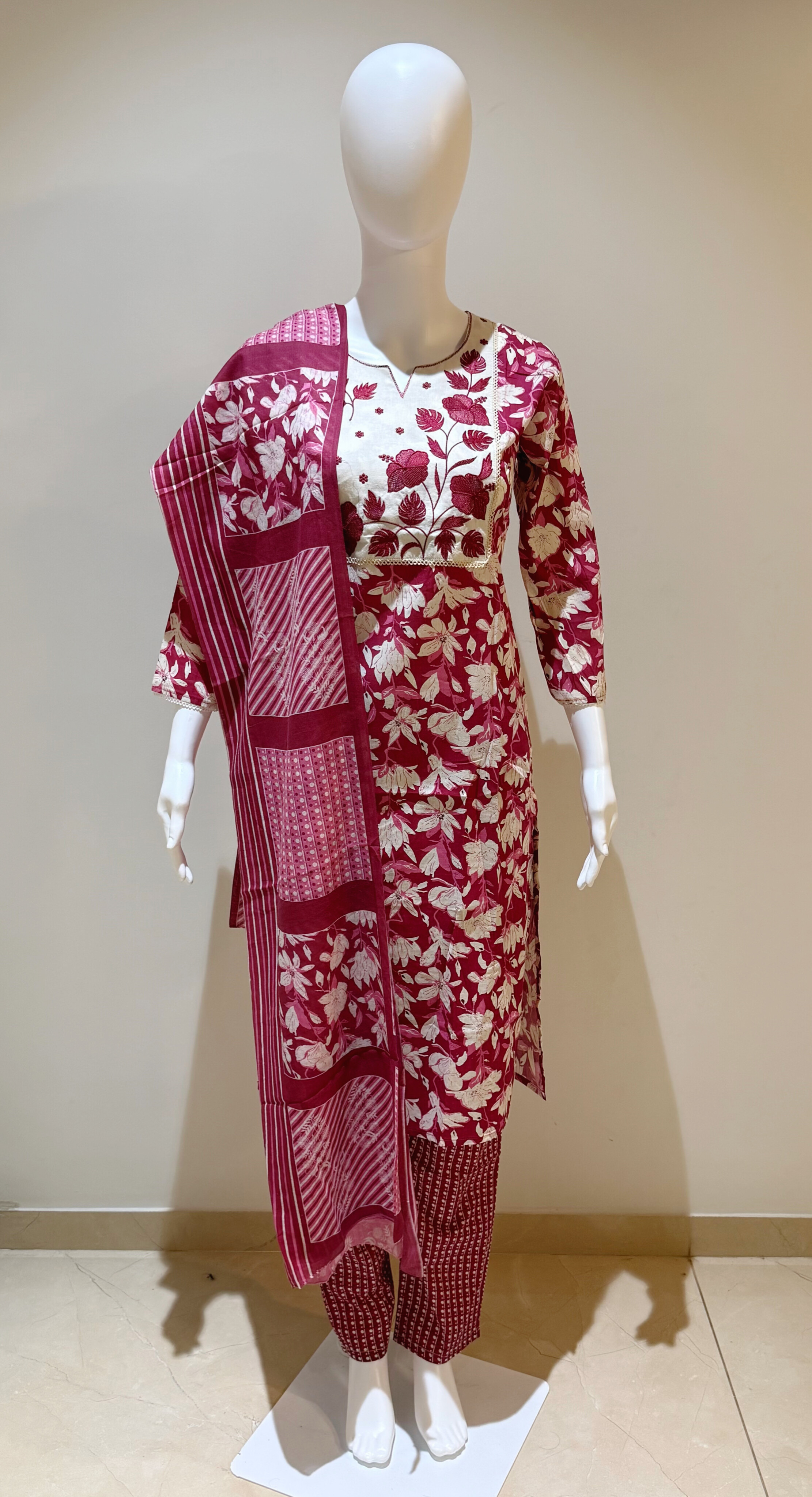 Pur Cotton Floral Print With Neck Pattern & Embroidery Work 