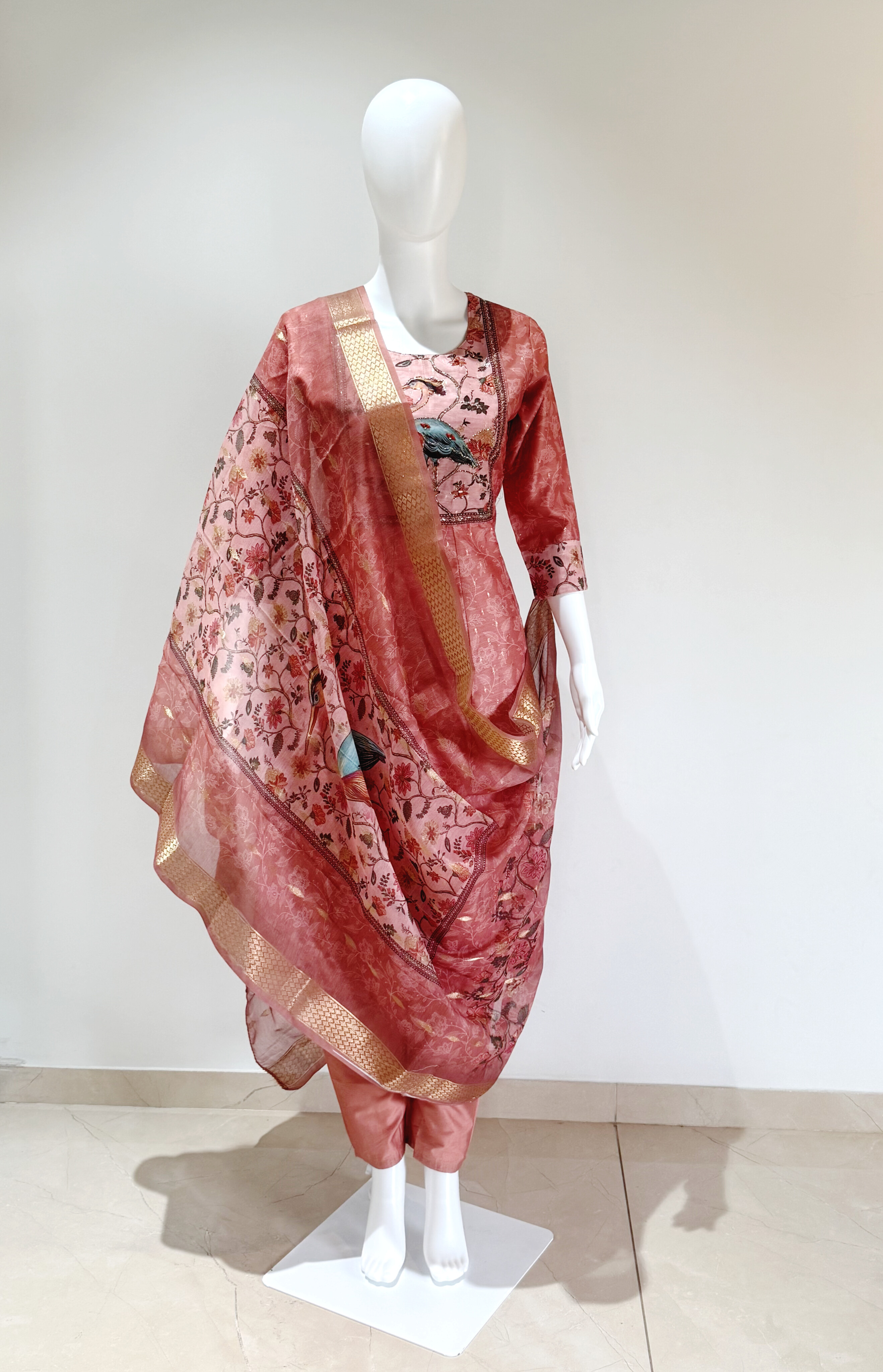 Silk digital print anarkali with manual patch highlight top