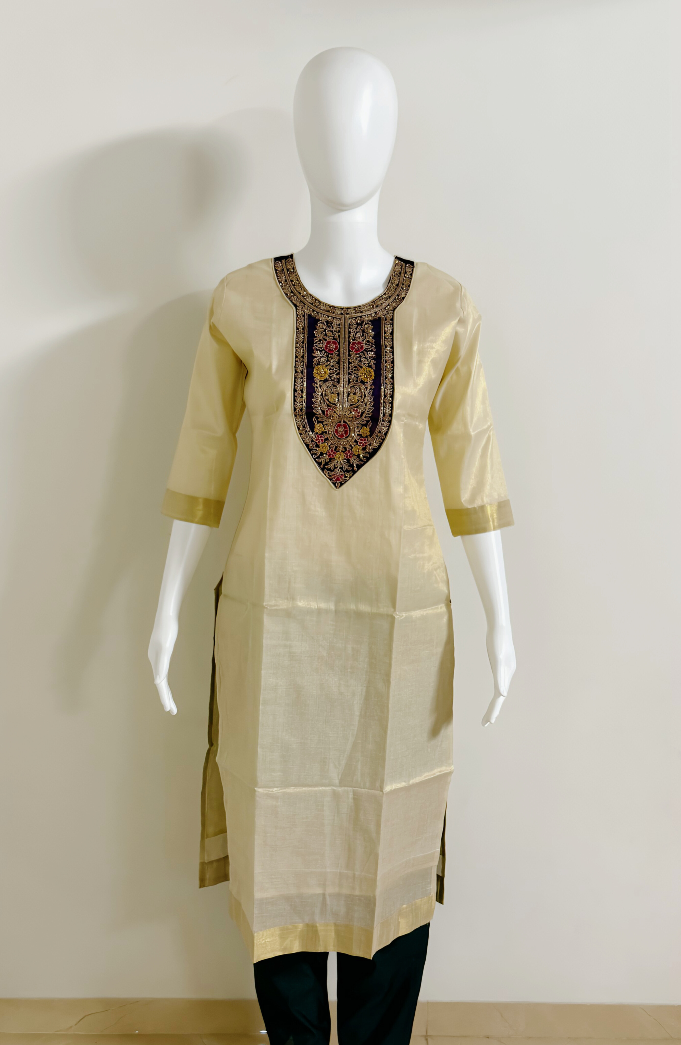 Off White Tissue Material Kurthi With Heavy Beads & Sequence Work in Violet Rangoli Patch Work 