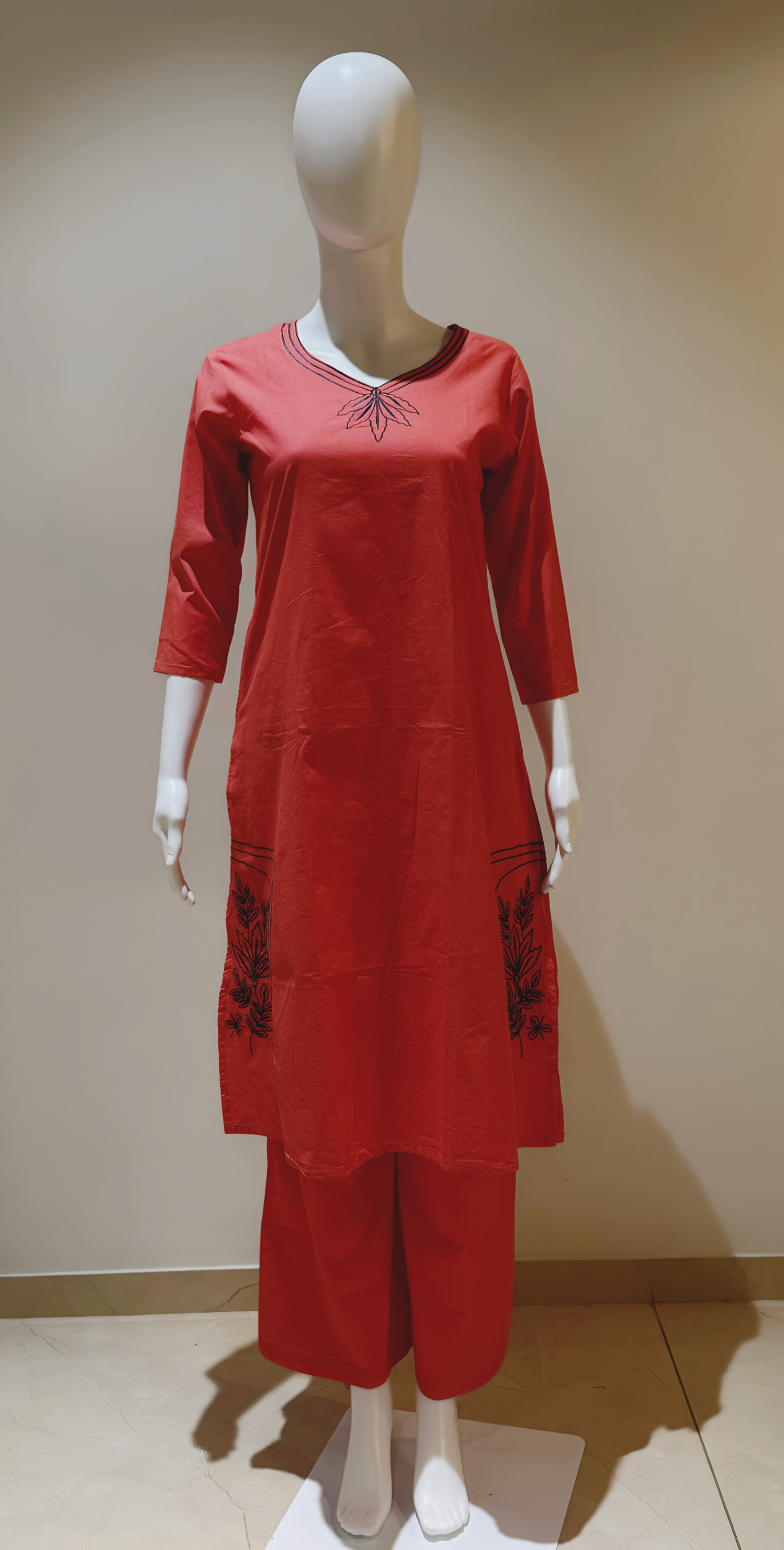 Natural Cotton V Neck Embroidery Work