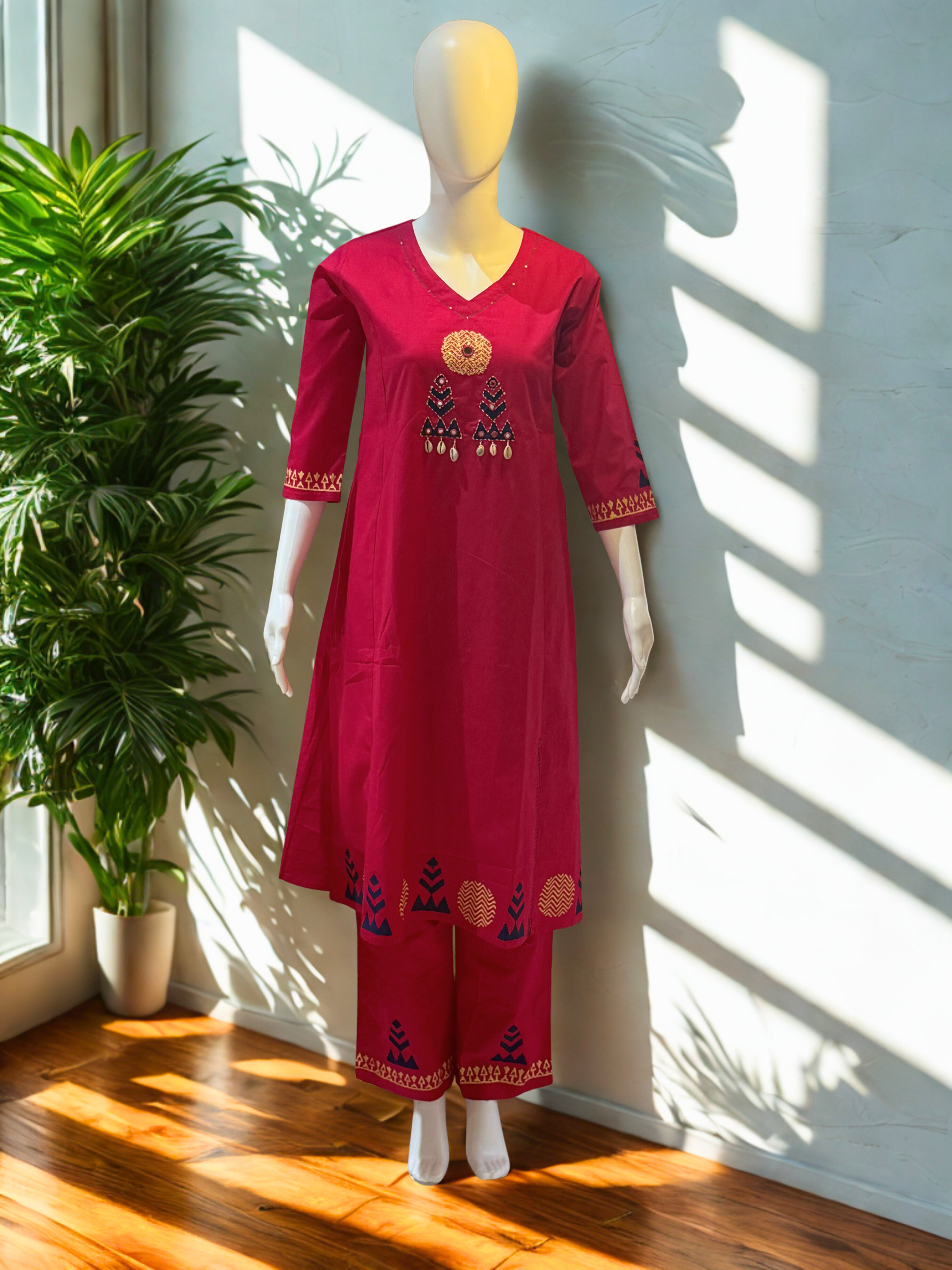 Pink Natural Cotton With Block Print and Hand Work