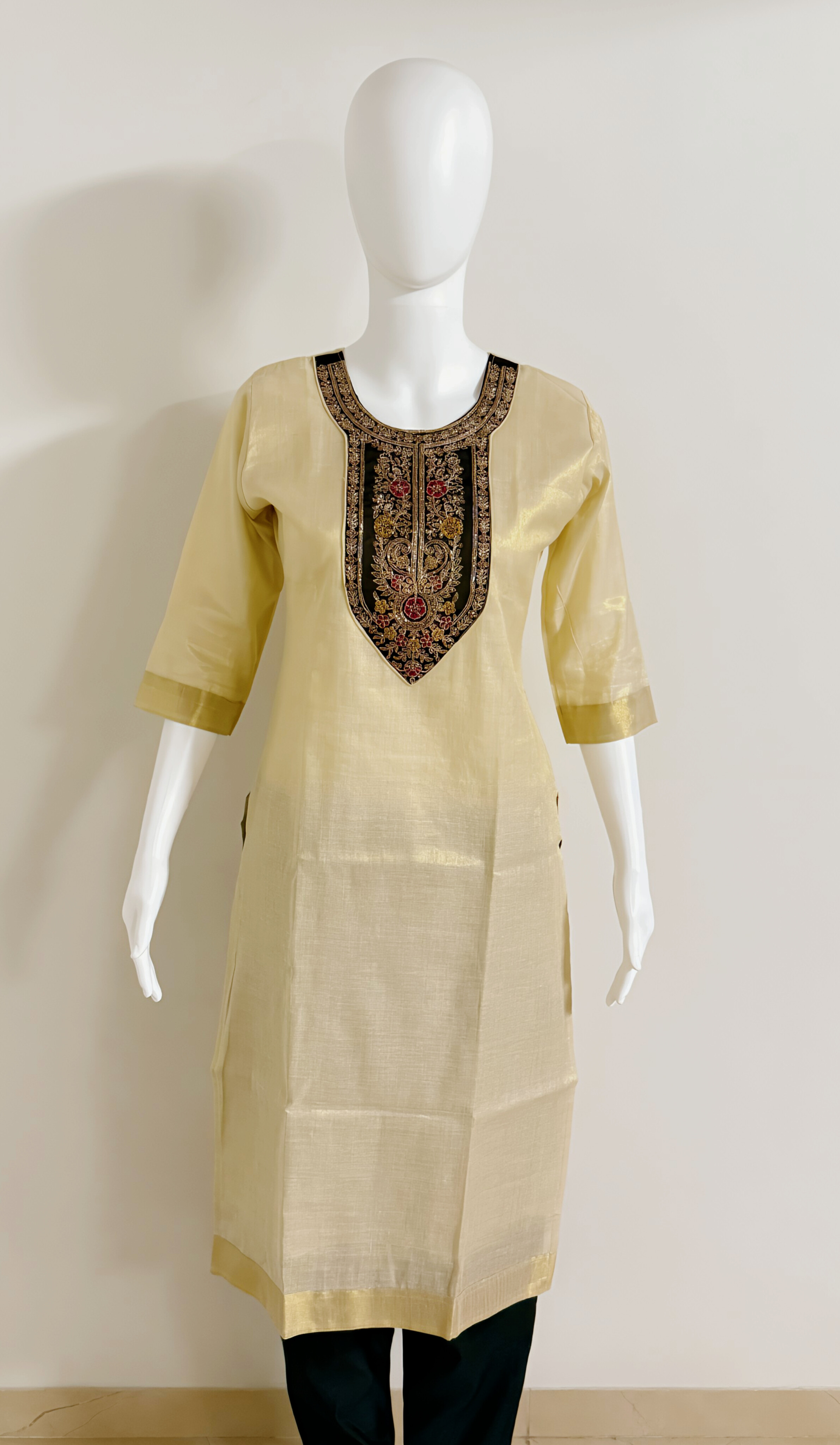 Off White Tissue Material Kurthi With Heavy Beads & Sequence Work in Dark Green Rangoli Patch Work 