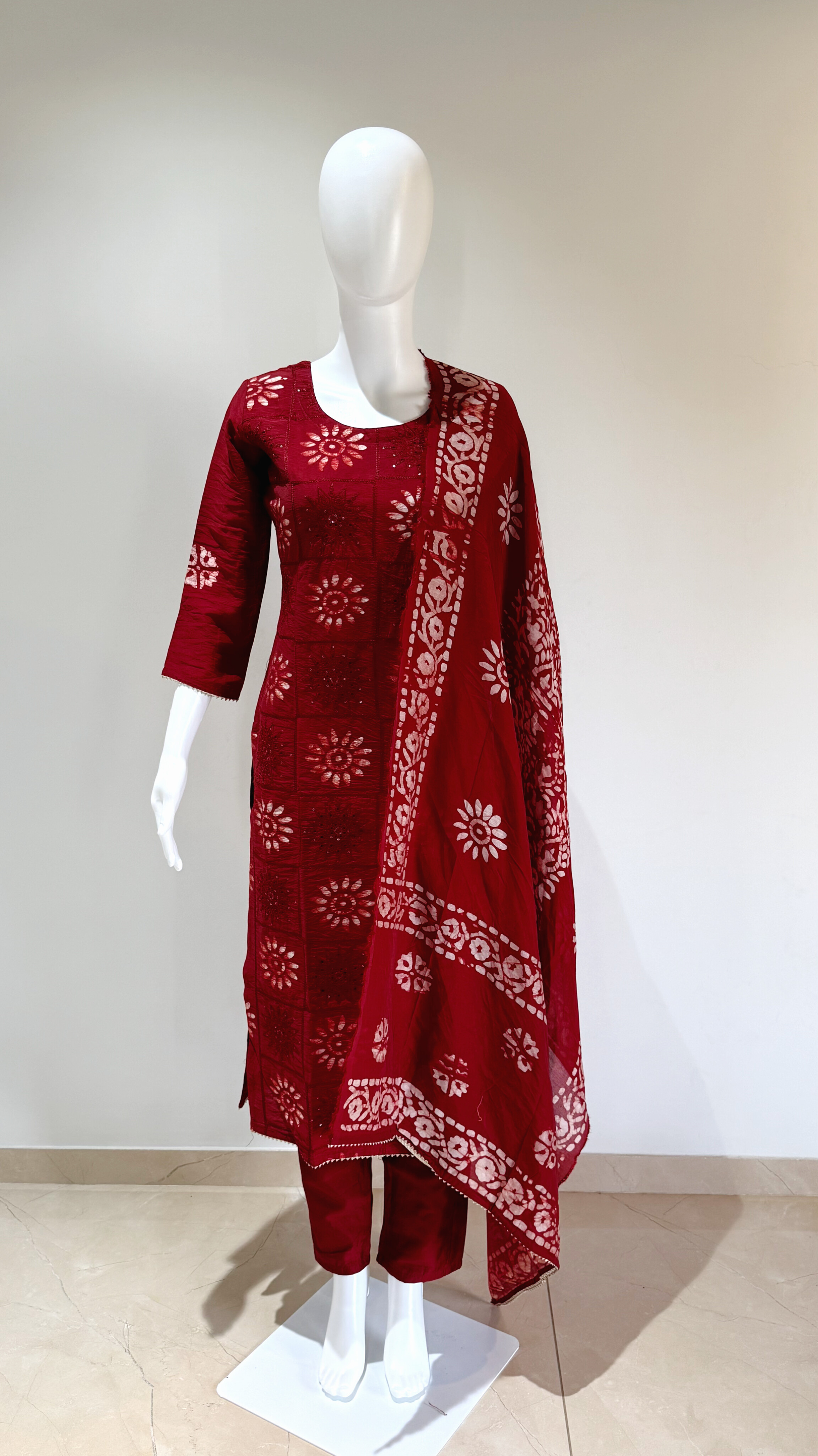 Orginal Silk Vax Batik Print & Boring Embroidery Work With Cotton Lining