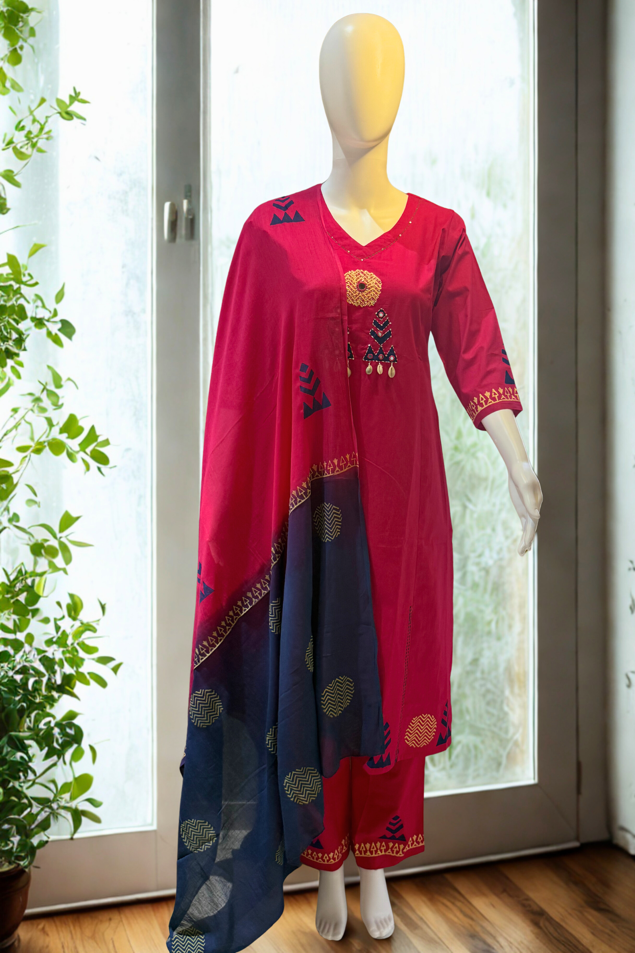 Pink Natural Cotton With Block Print and Hand Work