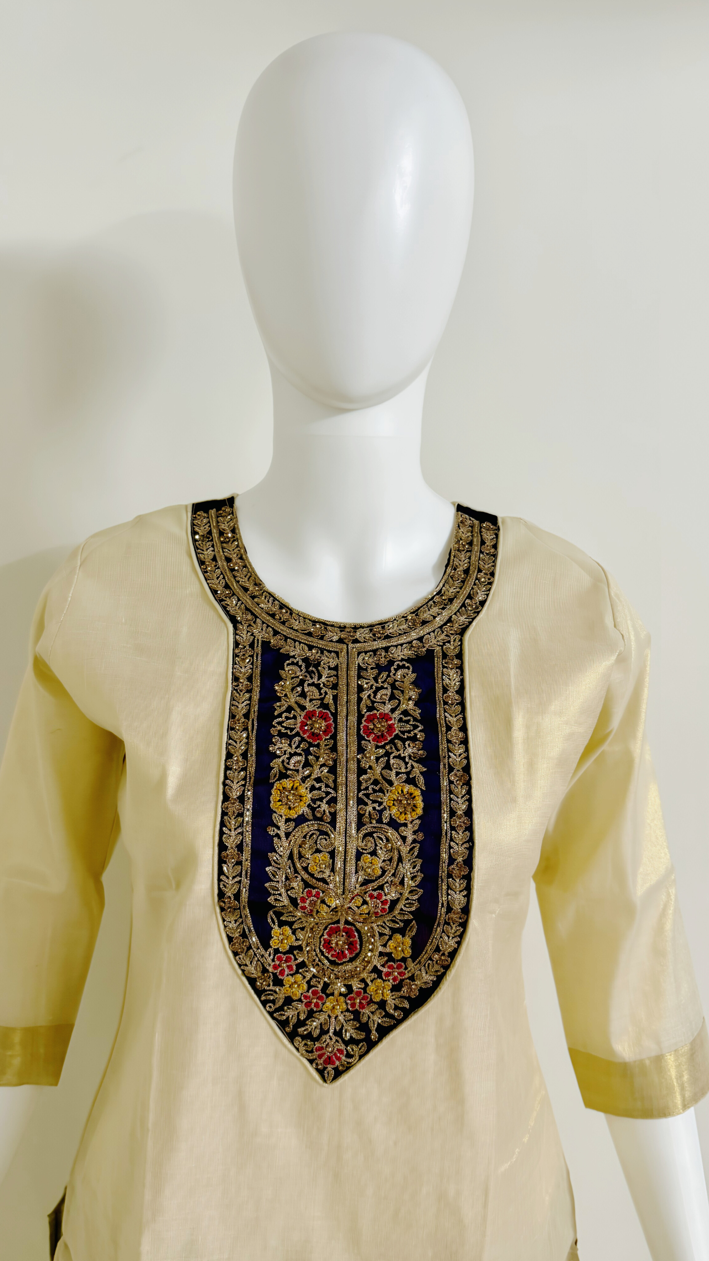 Off White Tissue Material Kurthi With Heavy Beads & Sequence Work in Violet Rangoli Patch Work 