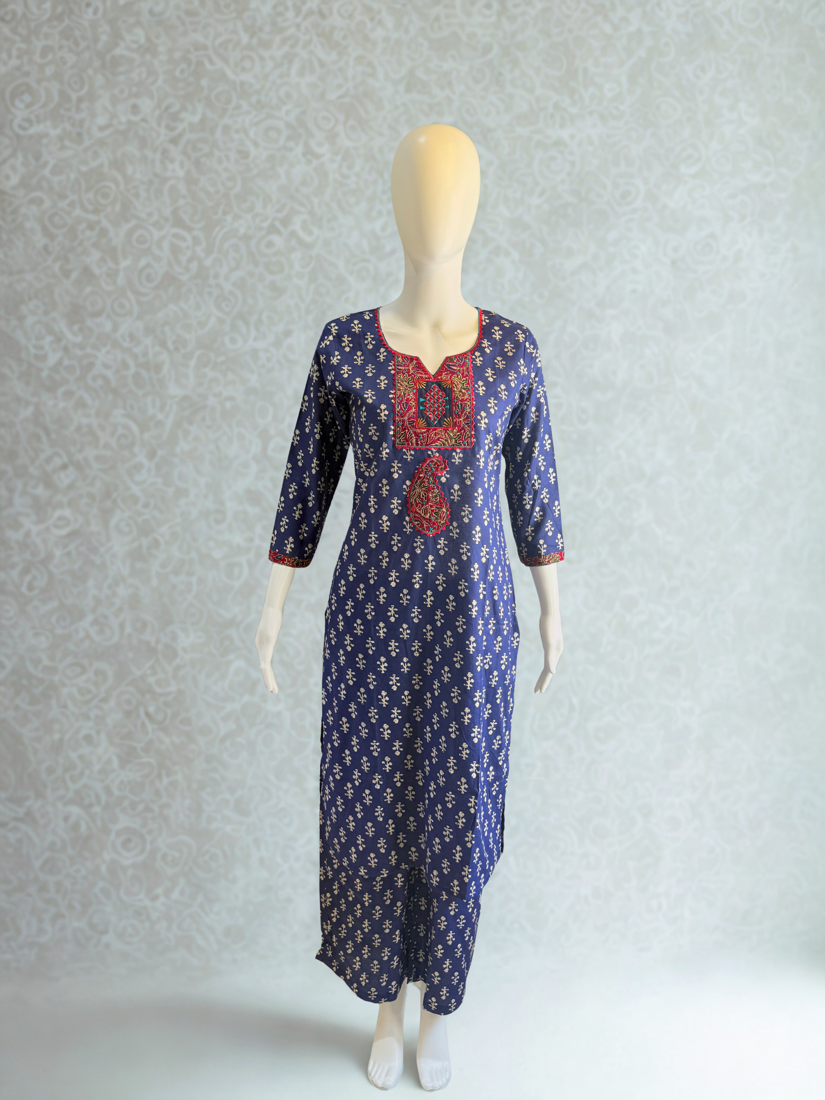 Blue Pure Cotton With Manual Mirror and Aplic Work 