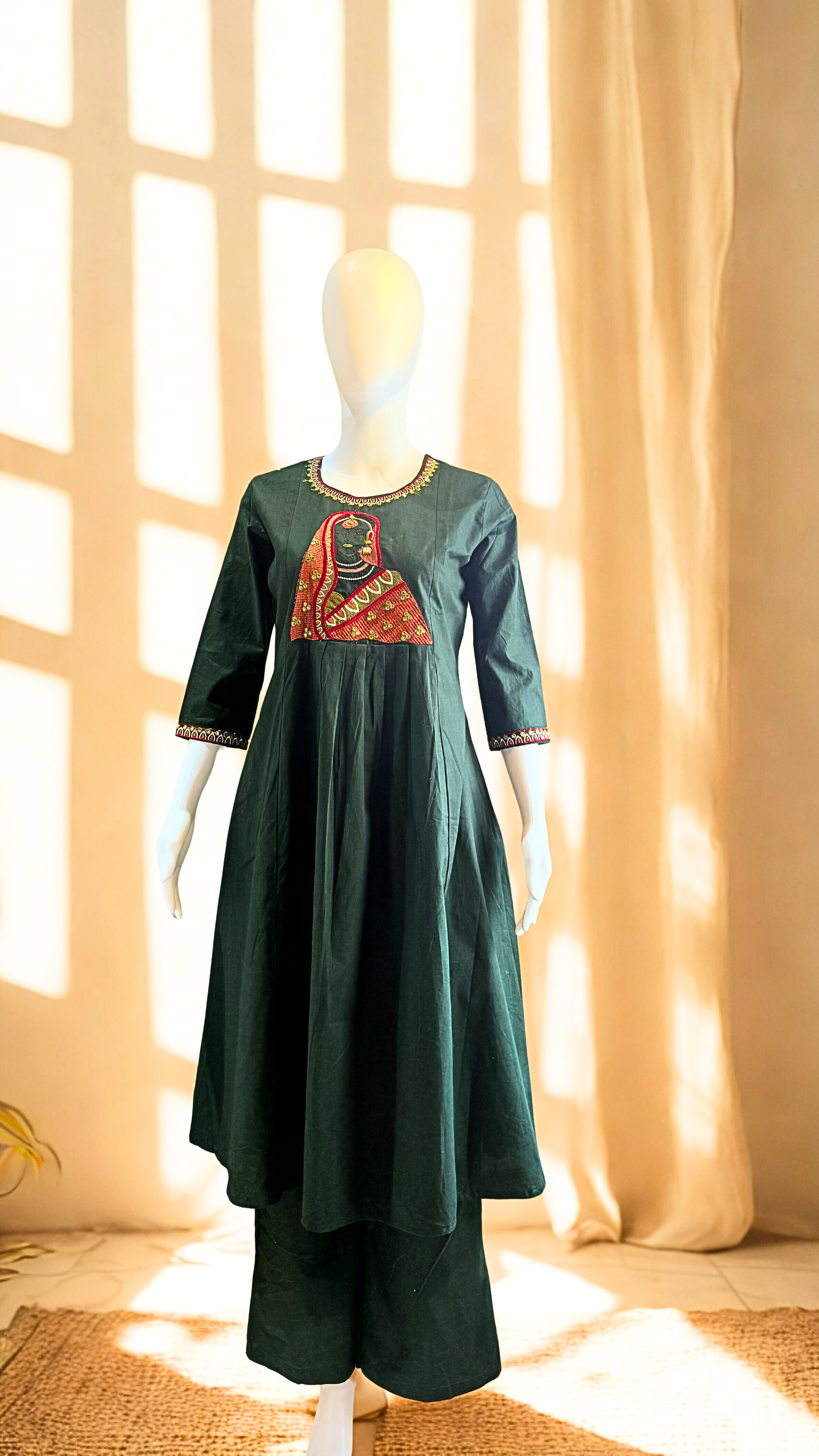 Green Natural Cotton With Embroidery Silai Pattern 